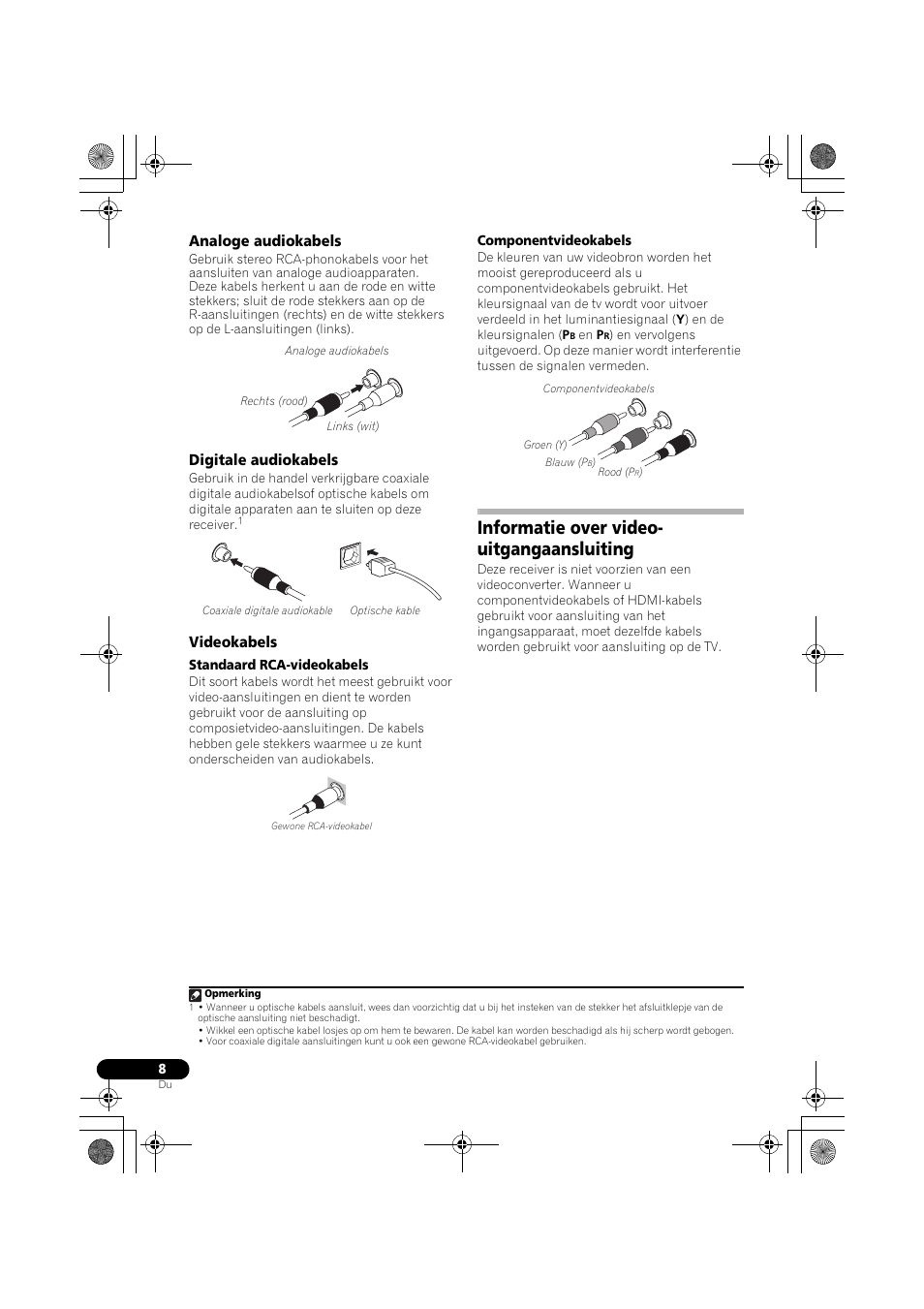 Analoge audiokabels, Digitale audiokabels, Videokabels | Informatie over video- uitgangaansluiting, Informatie over video-uitgangaansluiting | Pioneer VSX-519V-K User Manual | Page 100 / 188