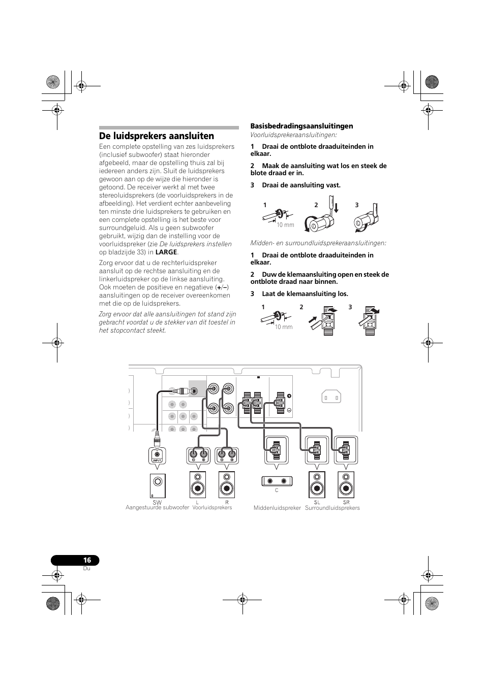 De luidsprekers aansluiten, Zie de luidsprekers aansluiten op bladzijde 16, Basisbedradingsaansluitingen | Pioneer VSX-519V-K User Manual | Page 108 / 188