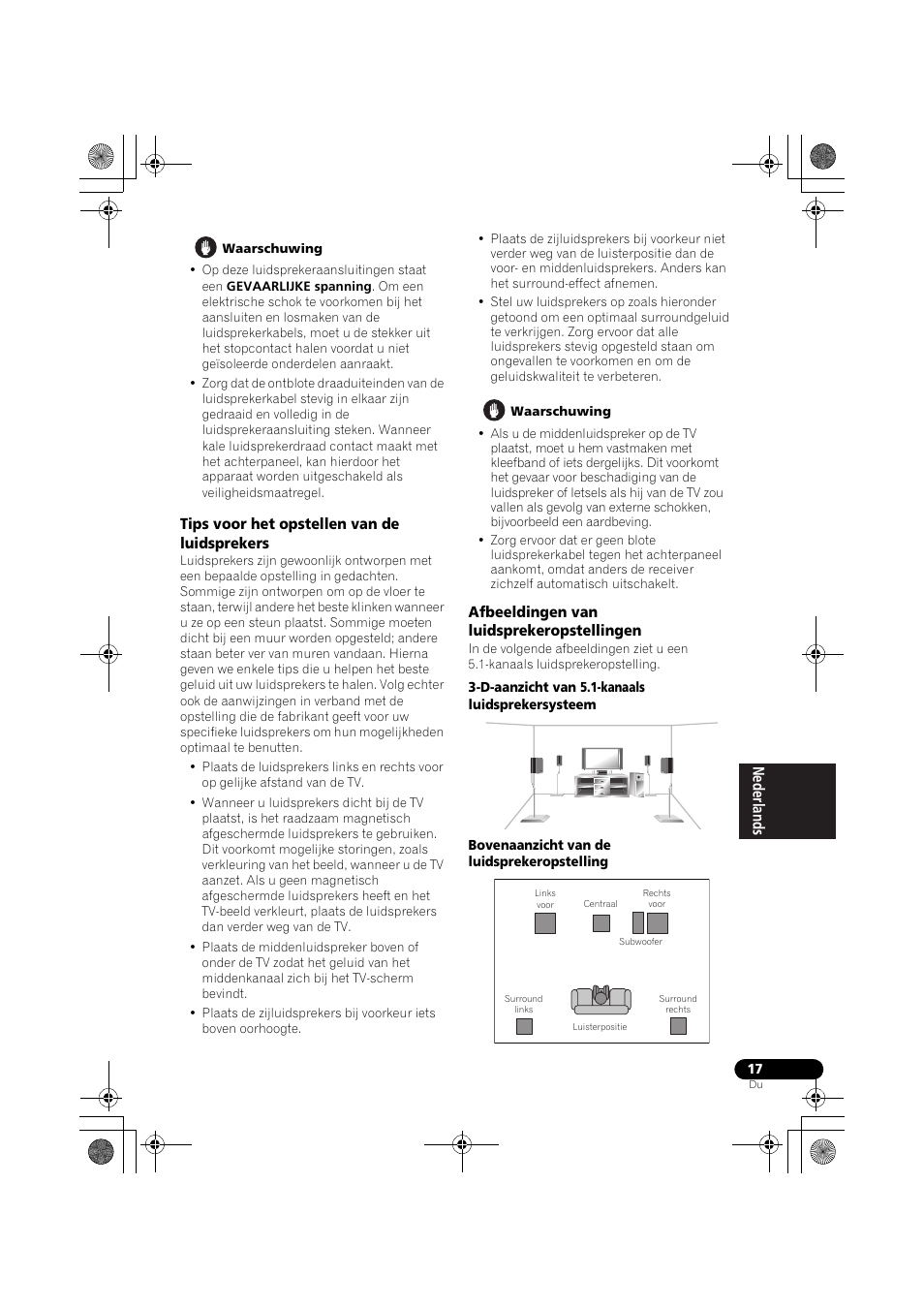 Tips voor het opstellen van de luidsprekers, Afbeeldingen van luidsprekeropstellingen, Tips voor het | Opstellen van de luidsprekers op bladzijde 17 | Pioneer VSX-519V-K User Manual | Page 109 / 188