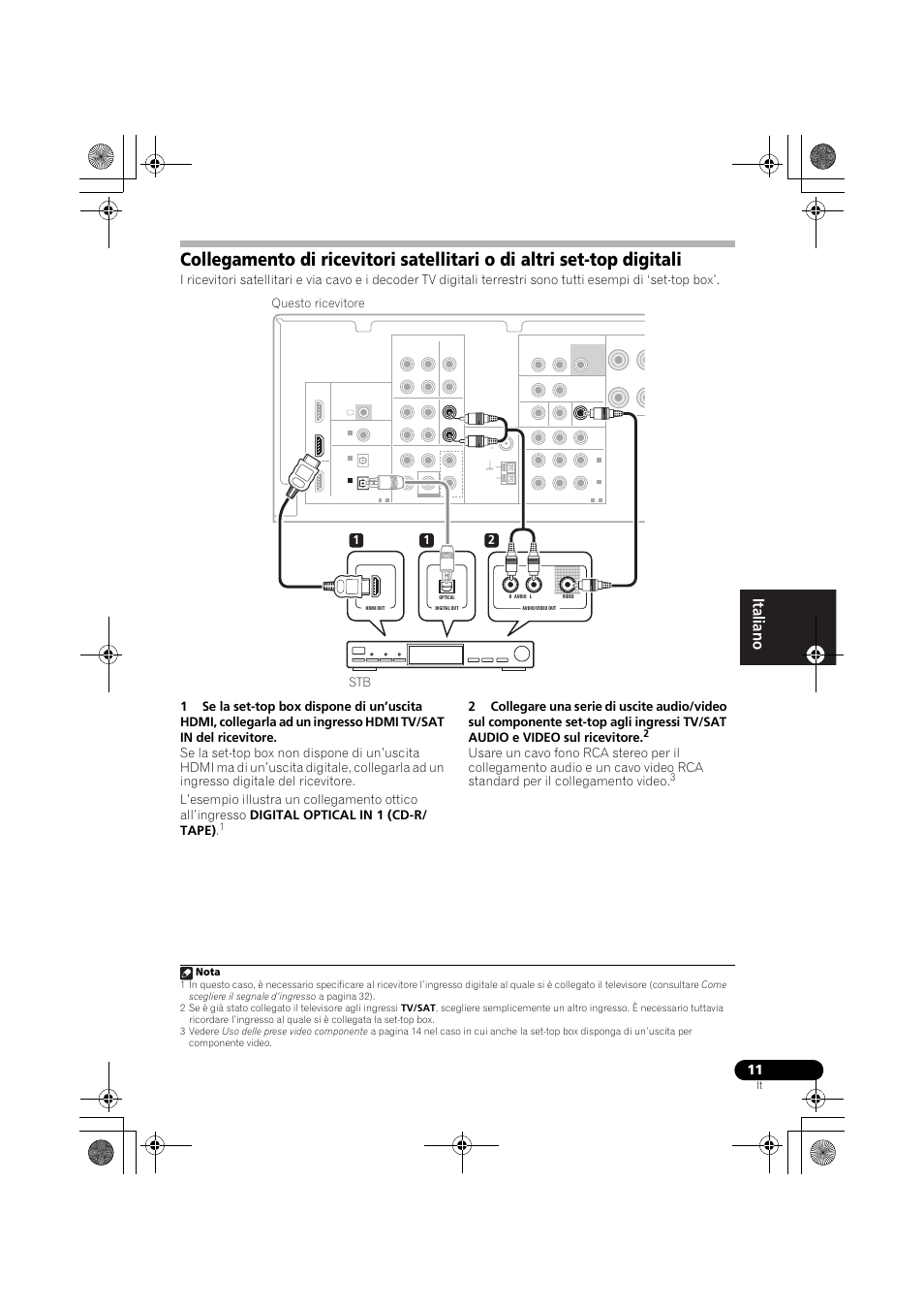 Collegamento di ricevitori satellitari o di altri, Set-top digitali, 12 stb questo ricevitore | Nota | Pioneer VSX-519V-K User Manual | Page 11 / 188