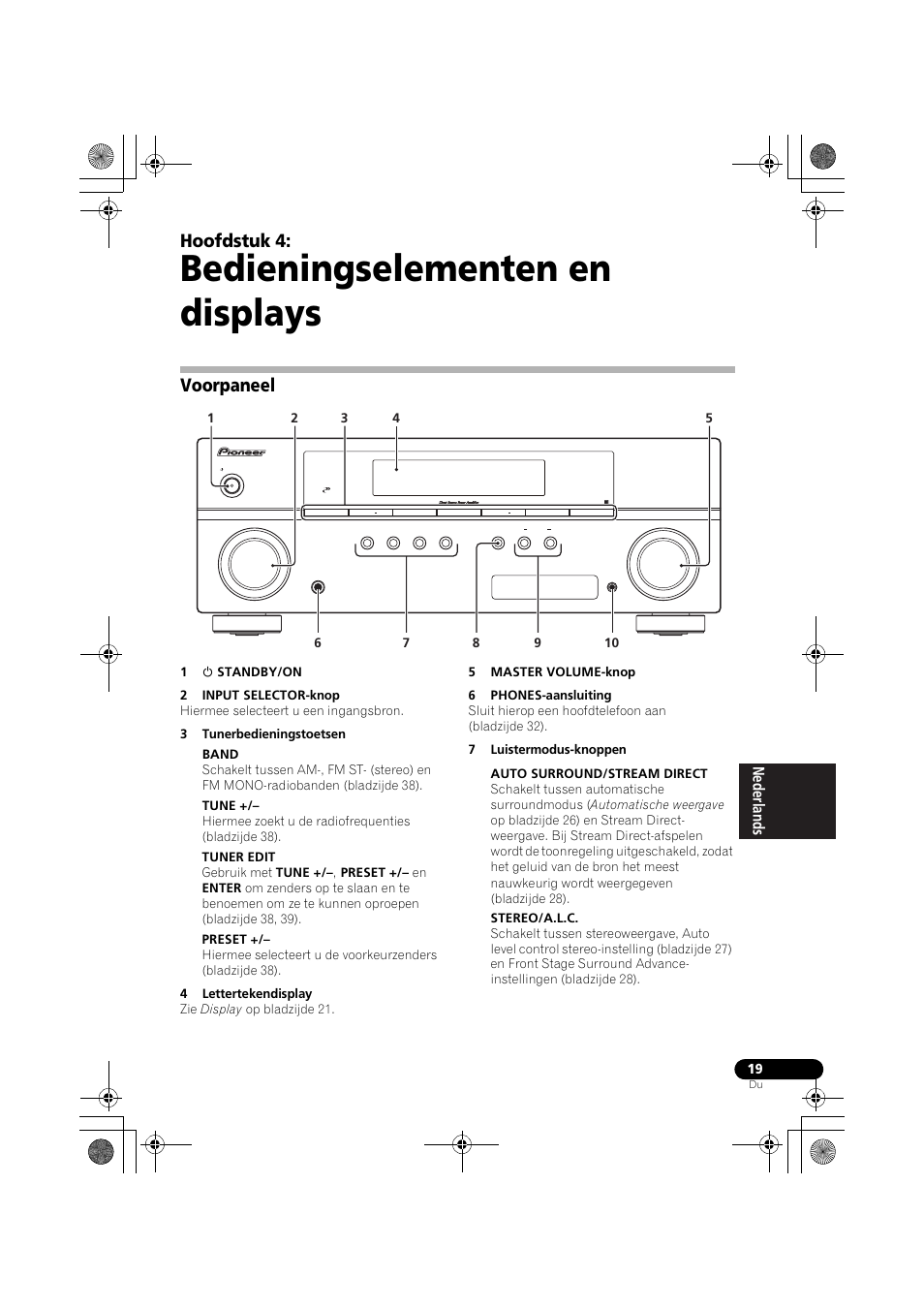 Bedieningselementen en displays, Voorpaneel, Hoofdstuk 4 | Pioneer VSX-519V-K User Manual | Page 111 / 188
