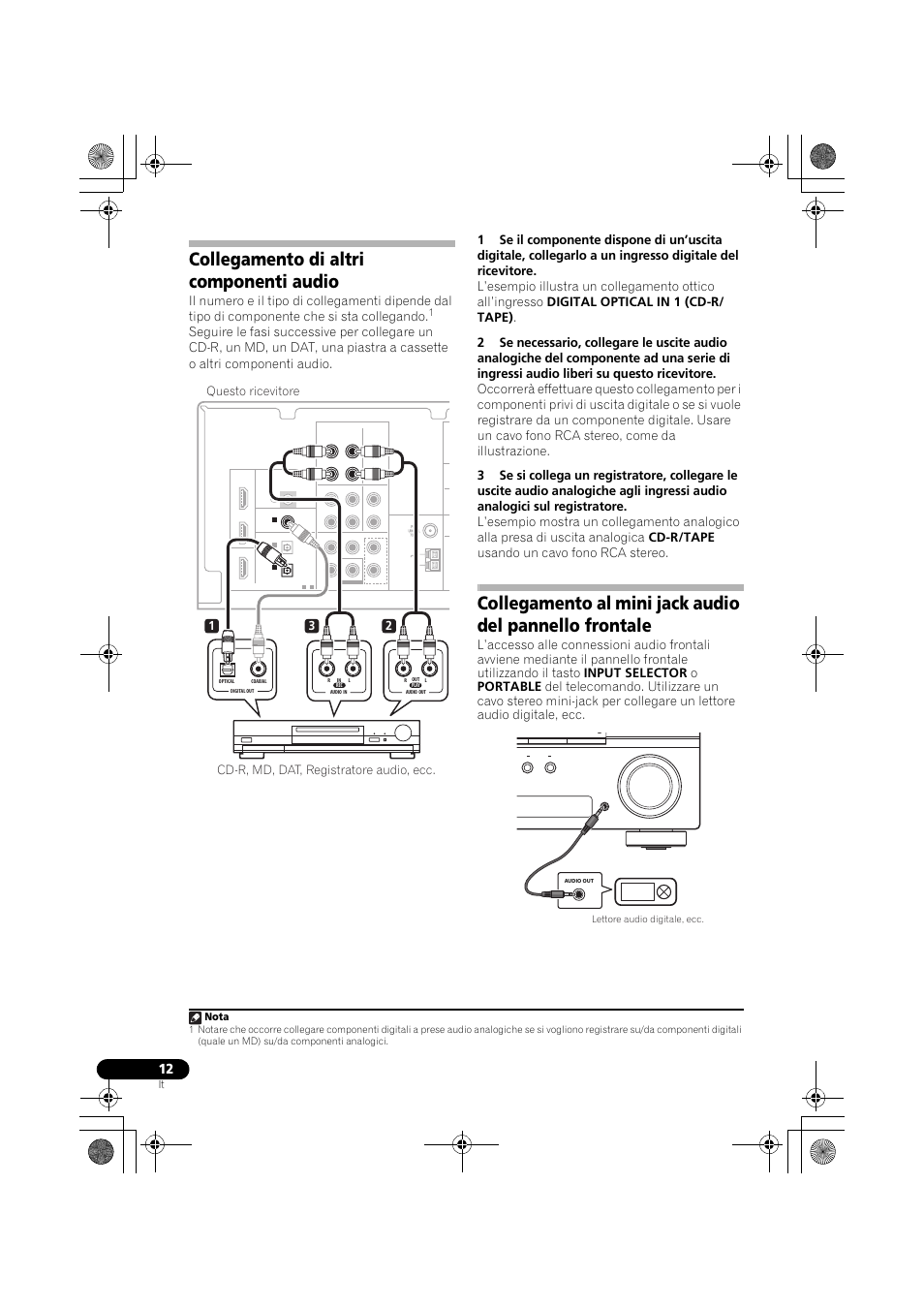 Collegamento di altri componenti audio, Collegamento al mini jack audio del pannello, Frontale | Nota | Pioneer VSX-519V-K User Manual | Page 12 / 188