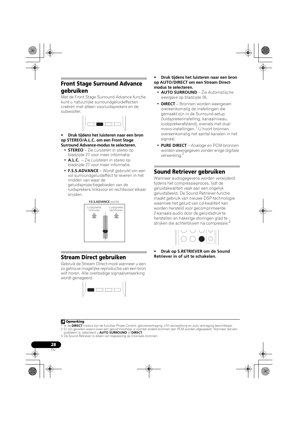 Front stage surround advance gebruiken, Stream direct gebruiken, Sound retriever gebruiken | Bladzijde 28) | Pioneer VSX-519V-K User Manual | Page 120 / 188