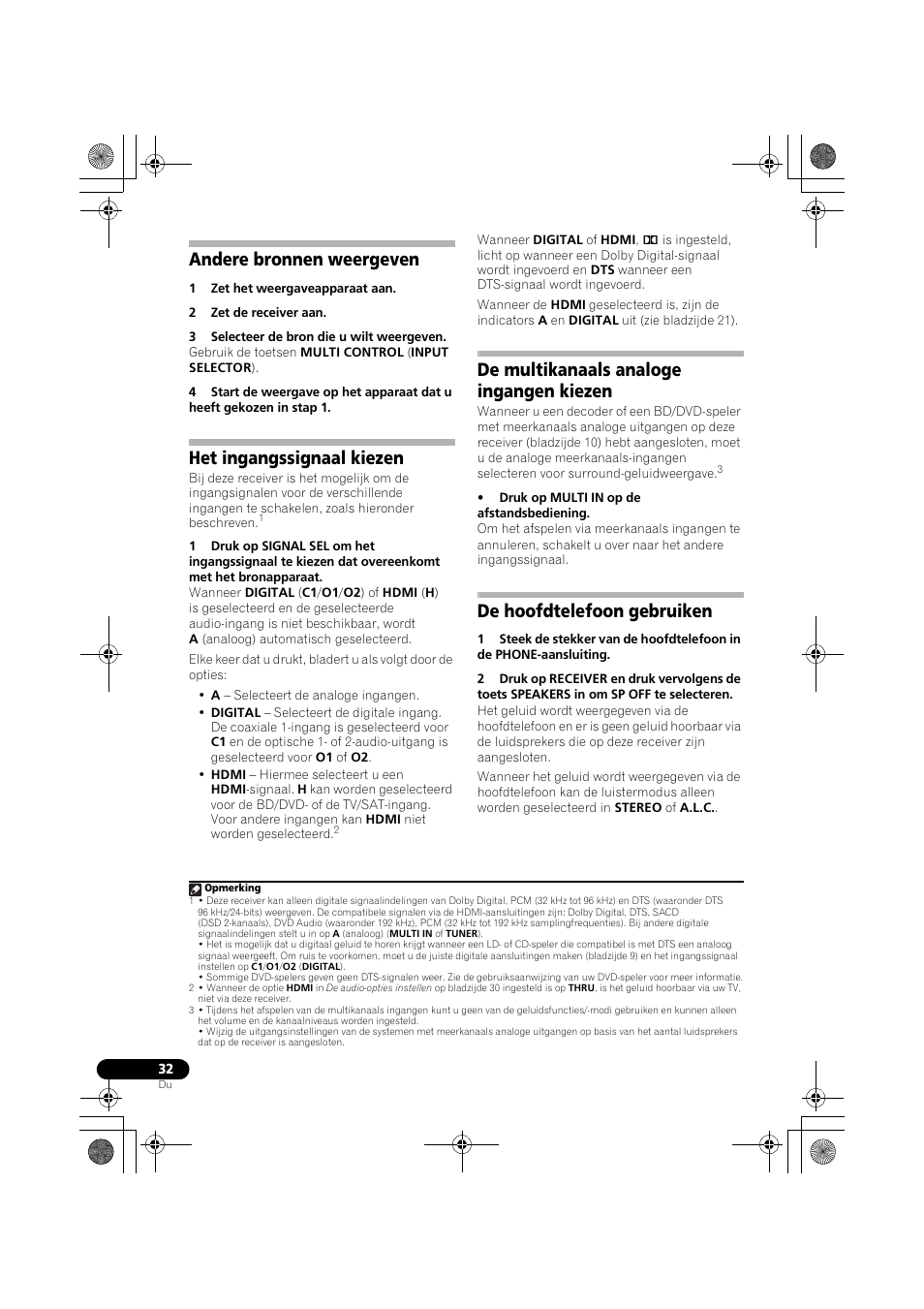 Andere bronnen weergeven, Het ingangssignaal kiezen, De multikanaals analoge ingangen kiezen | De hoofdtelefoon gebruiken, Het ingangssignaal kiezen op, Bladzijde 32), Bladzijde 32, Et (bladzijde 32) | Pioneer VSX-519V-K User Manual | Page 124 / 188