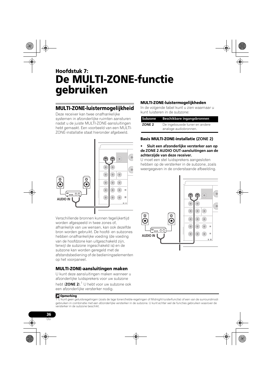 De multi-zone-functie gebruiken, Multi-zone-luistermogelijkheid, Multi-zone-aansluitingen maken | Bladzijde 36) g, Ef is (bladzijde 36), Hoofdstuk 7, Multi-zone-luistermogelijkheden, Basis multi-zone-installatie (zone 2), Audio in | Pioneer VSX-519V-K User Manual | Page 128 / 188