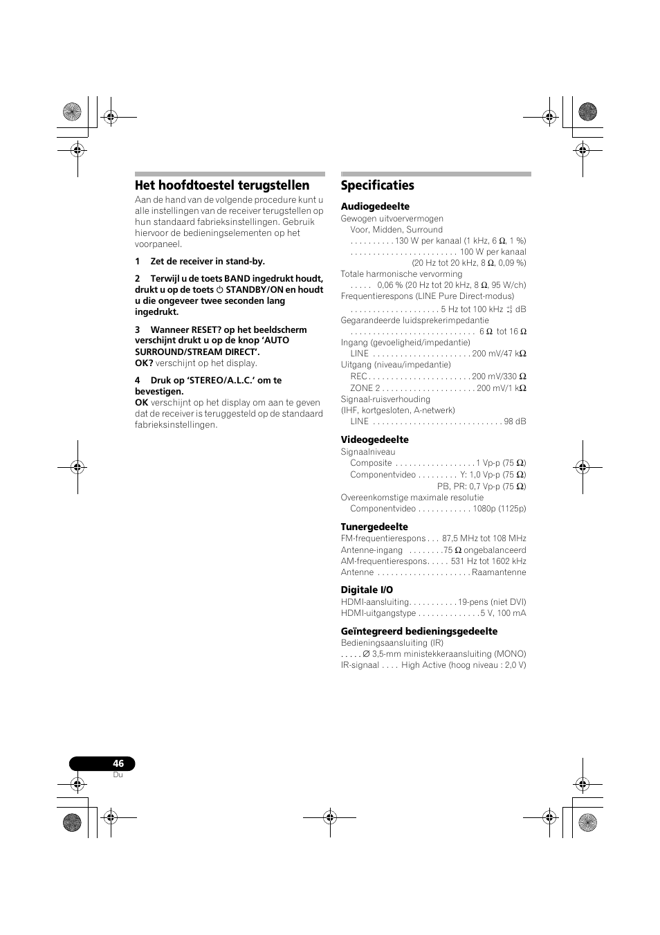 Het hoofdtoestel terugstellen, Specificaties | Pioneer VSX-519V-K User Manual | Page 138 / 188