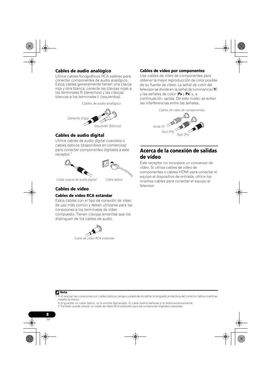 Cables de audio analógico, Cables de audio digital, Cables de vídeo | Acerca de la conexión de salidas de vídeo | Pioneer VSX-519V-K User Manual | Page 146 / 188