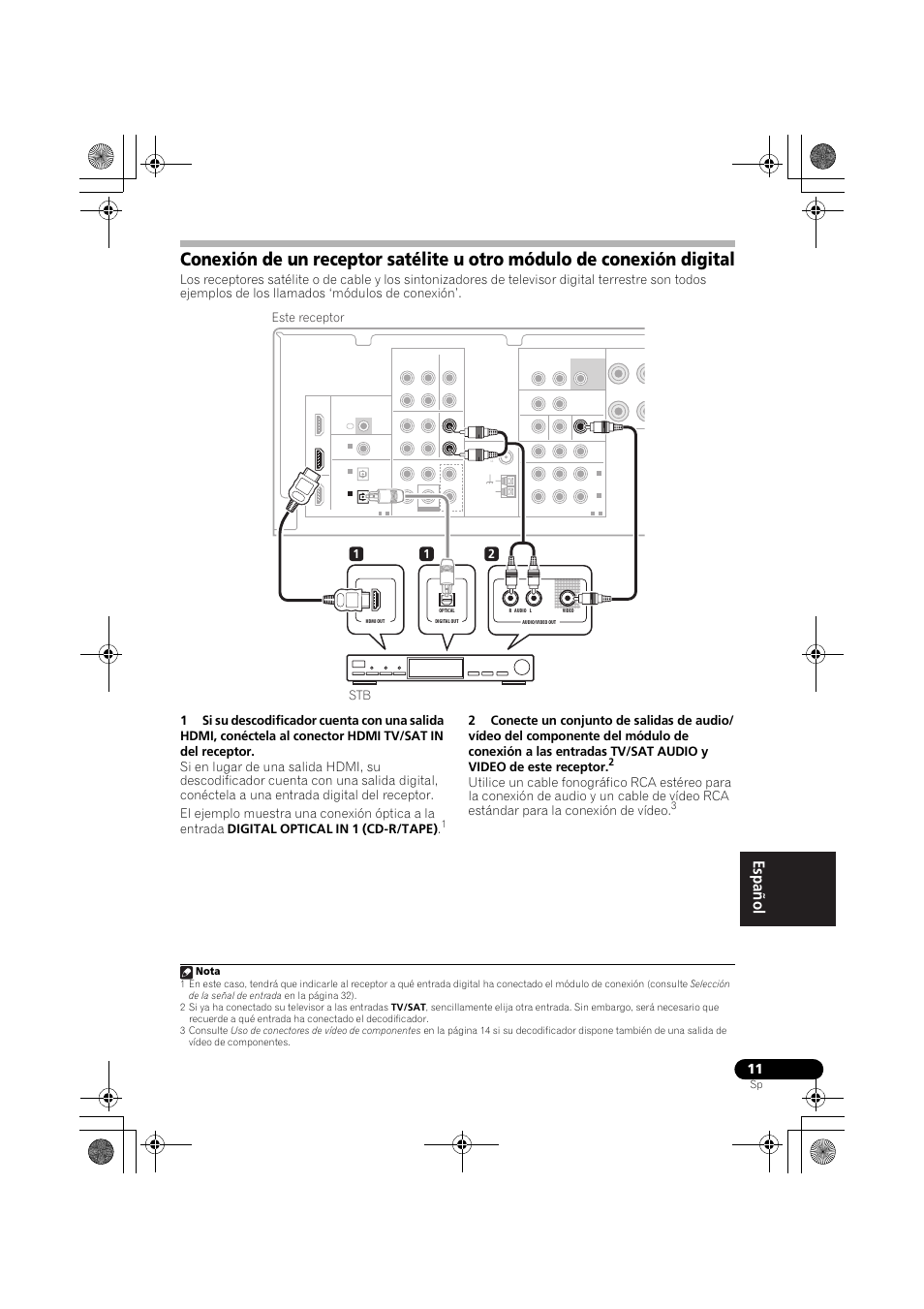 Conexión de un receptor satélite u otro, Módulo de conexión digital, 12 stb este receptor | Nota | Pioneer VSX-519V-K User Manual | Page 149 / 188
