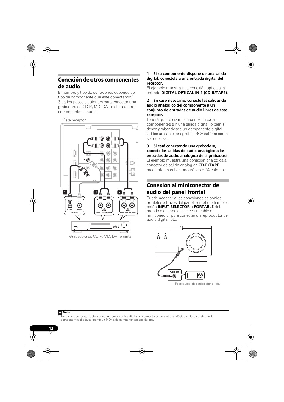 Conexión de otros componentes de audio, Conexión al miniconector de audio del, Panel frontal | Nota | Pioneer VSX-519V-K User Manual | Page 150 / 188
