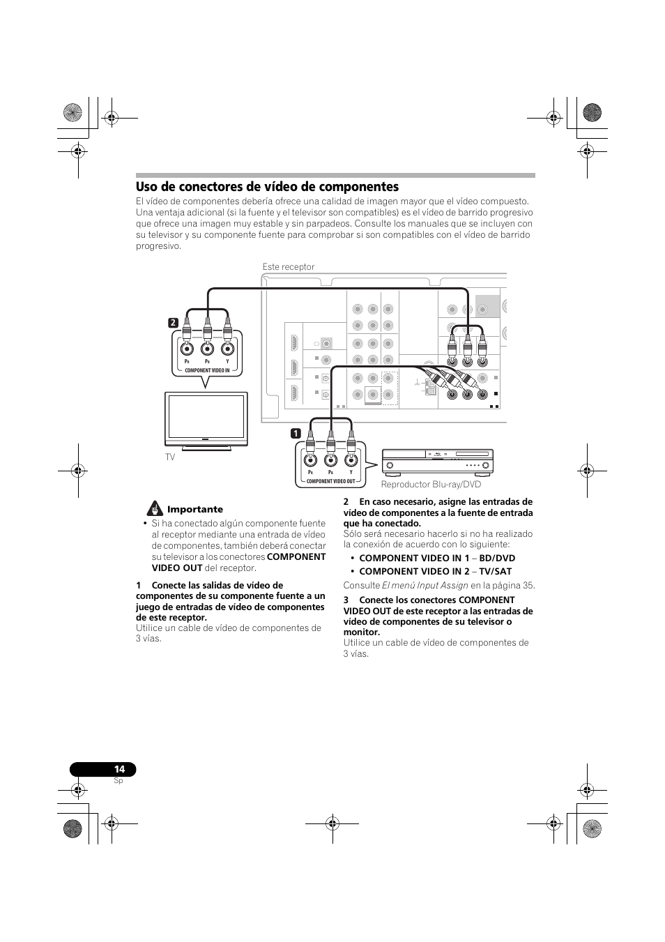 Uso de conectores de vídeo de componentes, Uso de conectores de vídeo de, Componentes | Uso de conectores de vídeo, Uso de, 12 este receptor reproductor blu-ray/dvd tv | Pioneer VSX-519V-K User Manual | Page 152 / 188