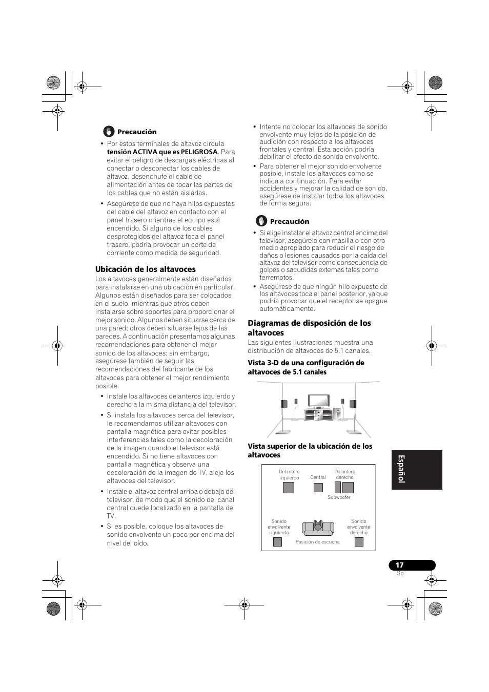 Ubicación de los altavoces, Diagramas de disposición de los altavoces, Ubicación de | Pioneer VSX-519V-K User Manual | Page 155 / 188