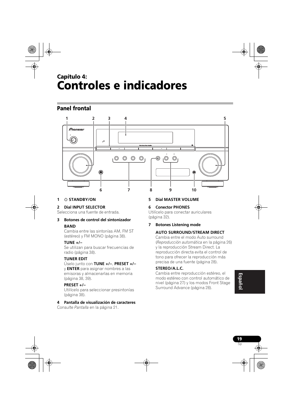 Controles e indicadores, Panel frontal, Capítulo 4 | Pioneer VSX-519V-K User Manual | Page 157 / 188