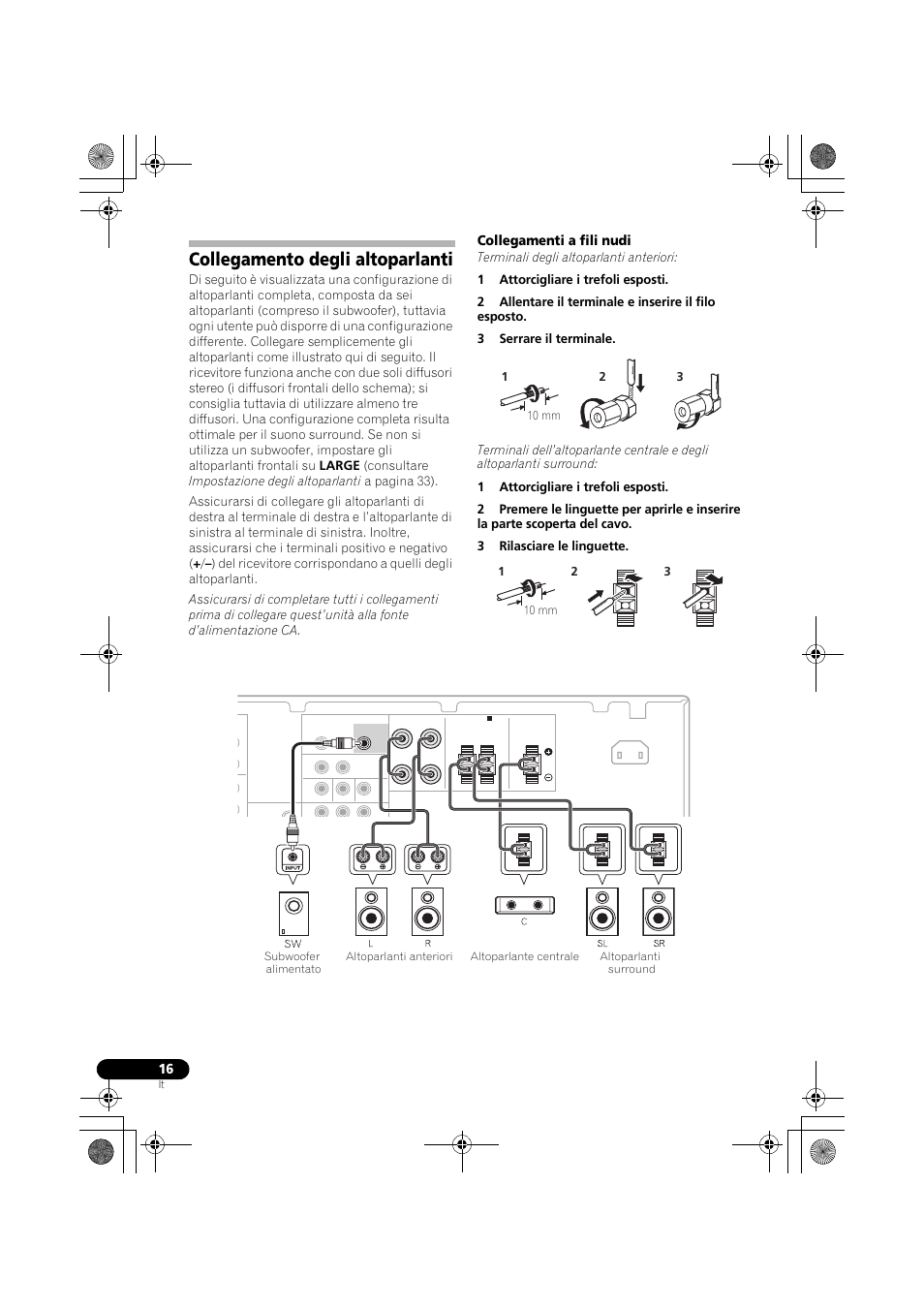 Collegamento degli altoparlanti, Collegamenti a fili nudi | Pioneer VSX-519V-K User Manual | Page 16 / 188