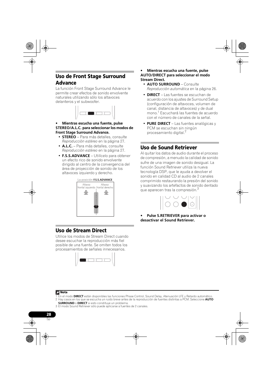 Uso de front stage surround advance, Uso de stream direct, Uso de sound retriever | Pioneer VSX-519V-K User Manual | Page 166 / 188