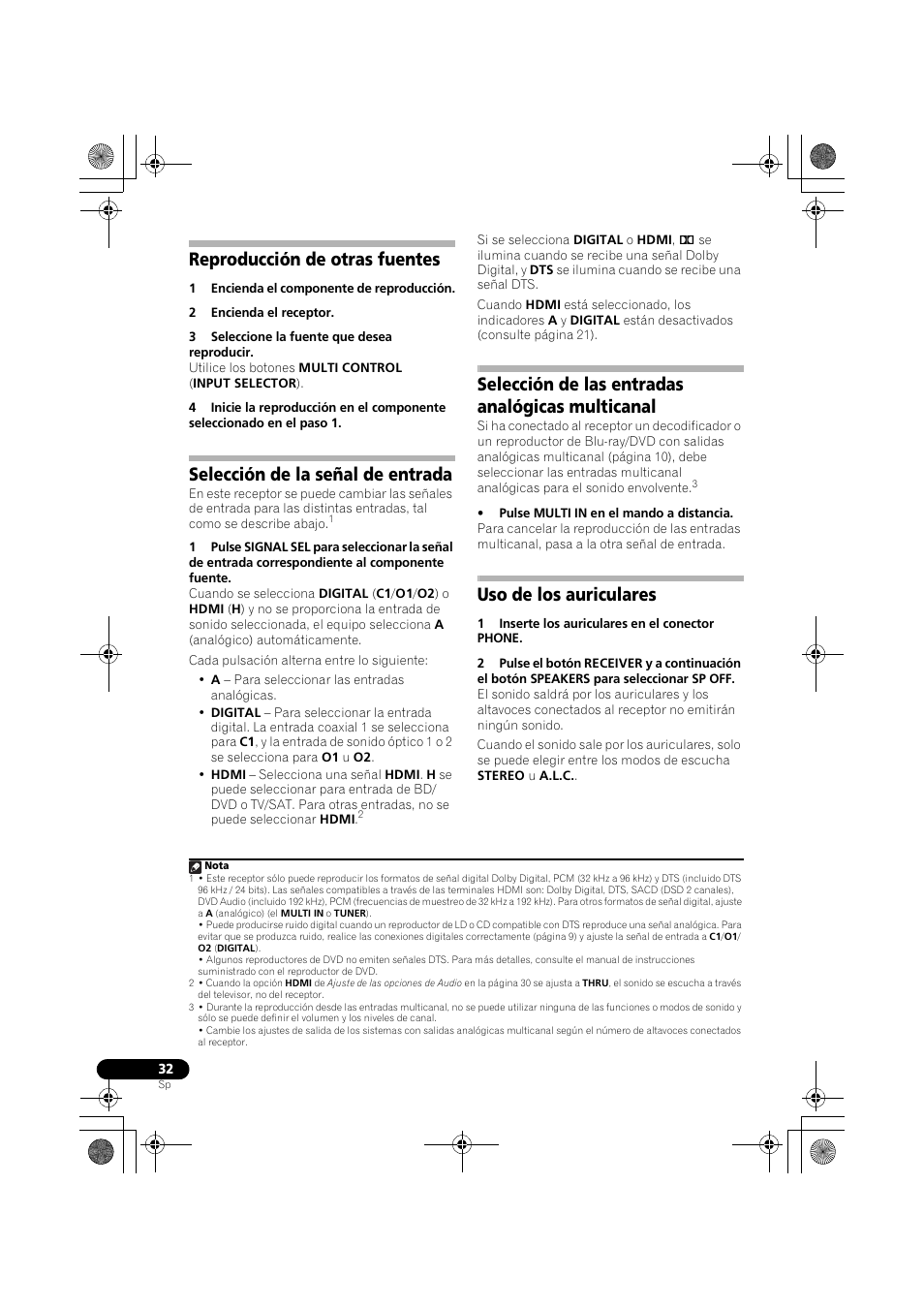 Reproducción de otras fuentes, Selección de la señal de entrada, Selección de las entradas analógicas multicanal | Uso de los auriculares, Selección de las entradas analógicas, Multicanal, Selección de la señal de entrada en la, Selección de la señal, E selección de la señal de entrada | Pioneer VSX-519V-K User Manual | Page 170 / 188