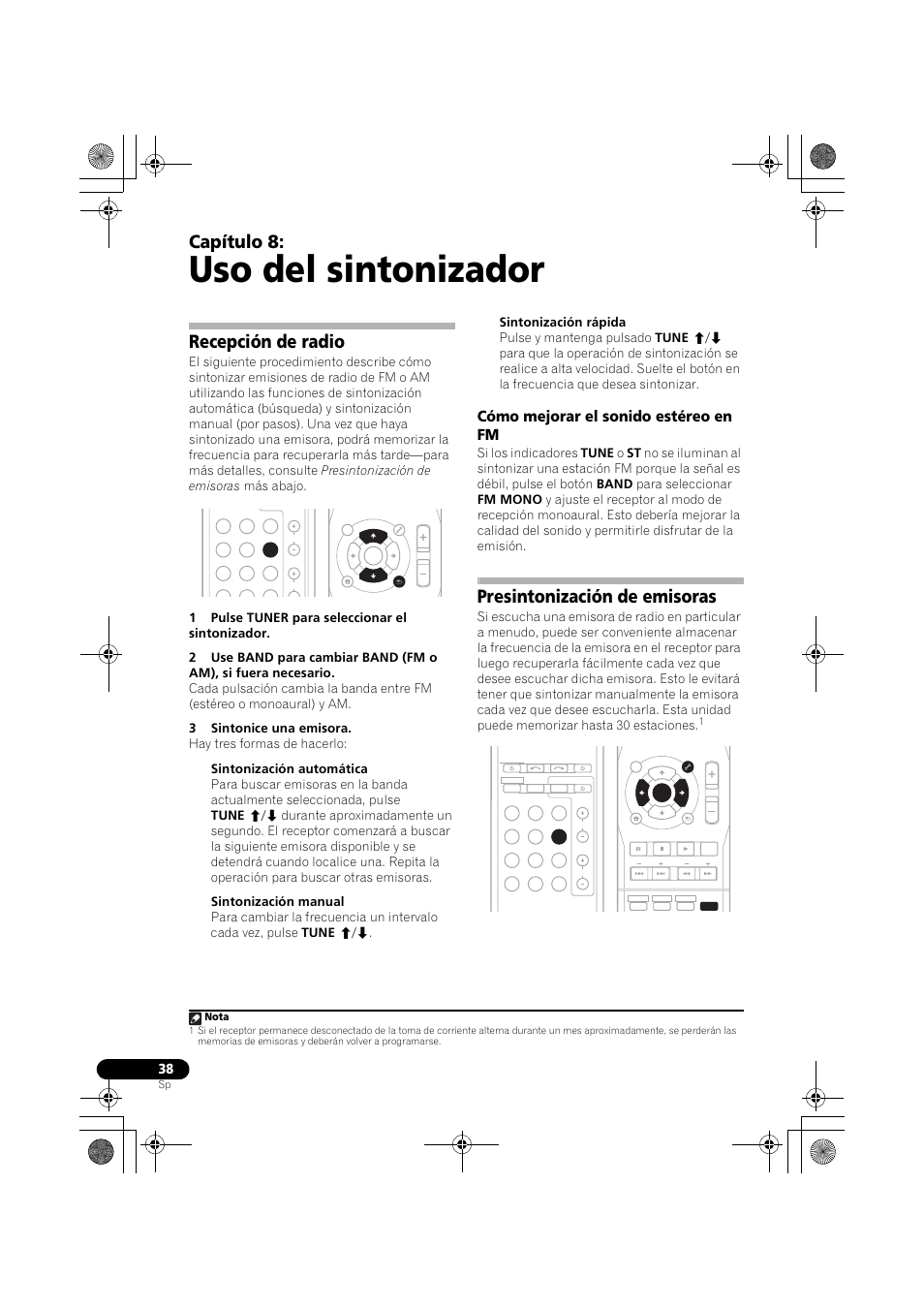 Uso del sintonizador, Recepción de radio, Cómo mejorar el sonido estéreo en fm | Presintonización de emisoras, Capítulo 8, Nota | Pioneer VSX-519V-K User Manual | Page 176 / 188