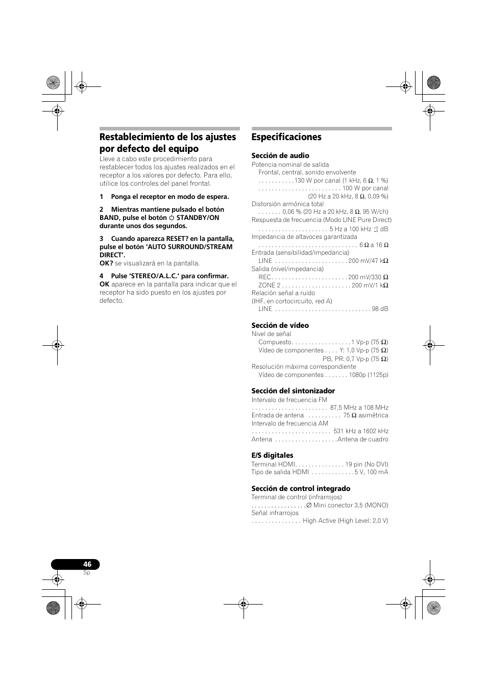 Especificaciones, Restablecimiento de los ajustes por defecto, Del equipo | Pioneer VSX-519V-K User Manual | Page 184 / 188