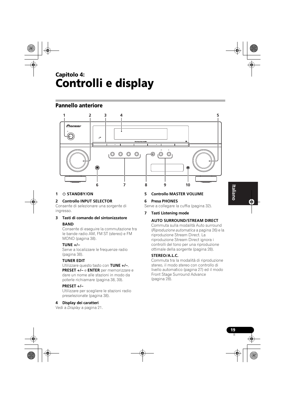 Controlli e display, Pannello anteriore, Capitolo 4 | Pioneer VSX-519V-K User Manual | Page 19 / 188