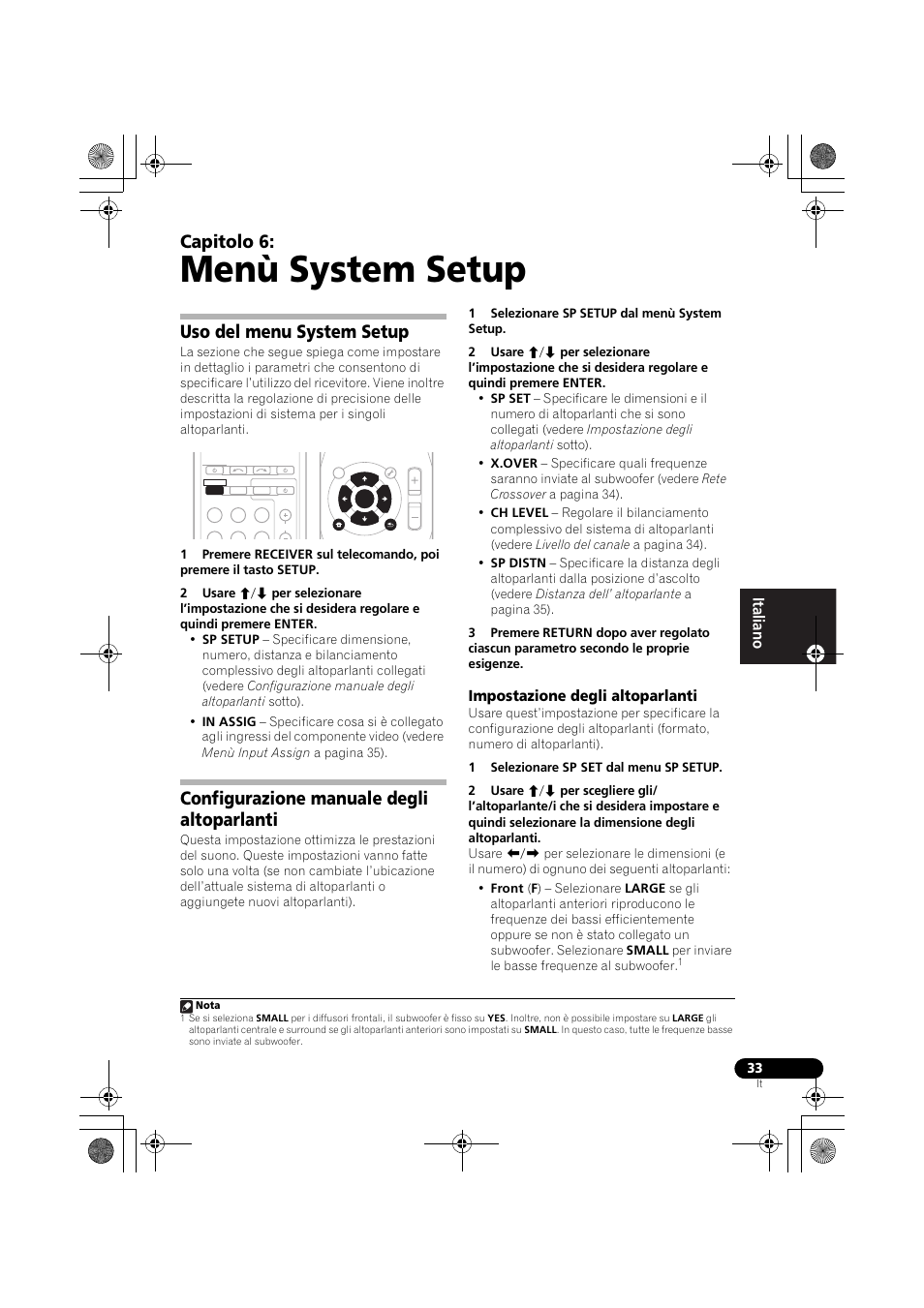 Menù system setup, Uso del menu system setup, Configurazione manuale degli altoparlanti | Impostazione degli altoparlanti, Configurazione manuale degli, Altoparlanti, Impostazione degli, Altoparlanti , de, Configurazione manuale degli altoparlanti n, Uso del menu system setup a | Pioneer VSX-519V-K User Manual | Page 33 / 188