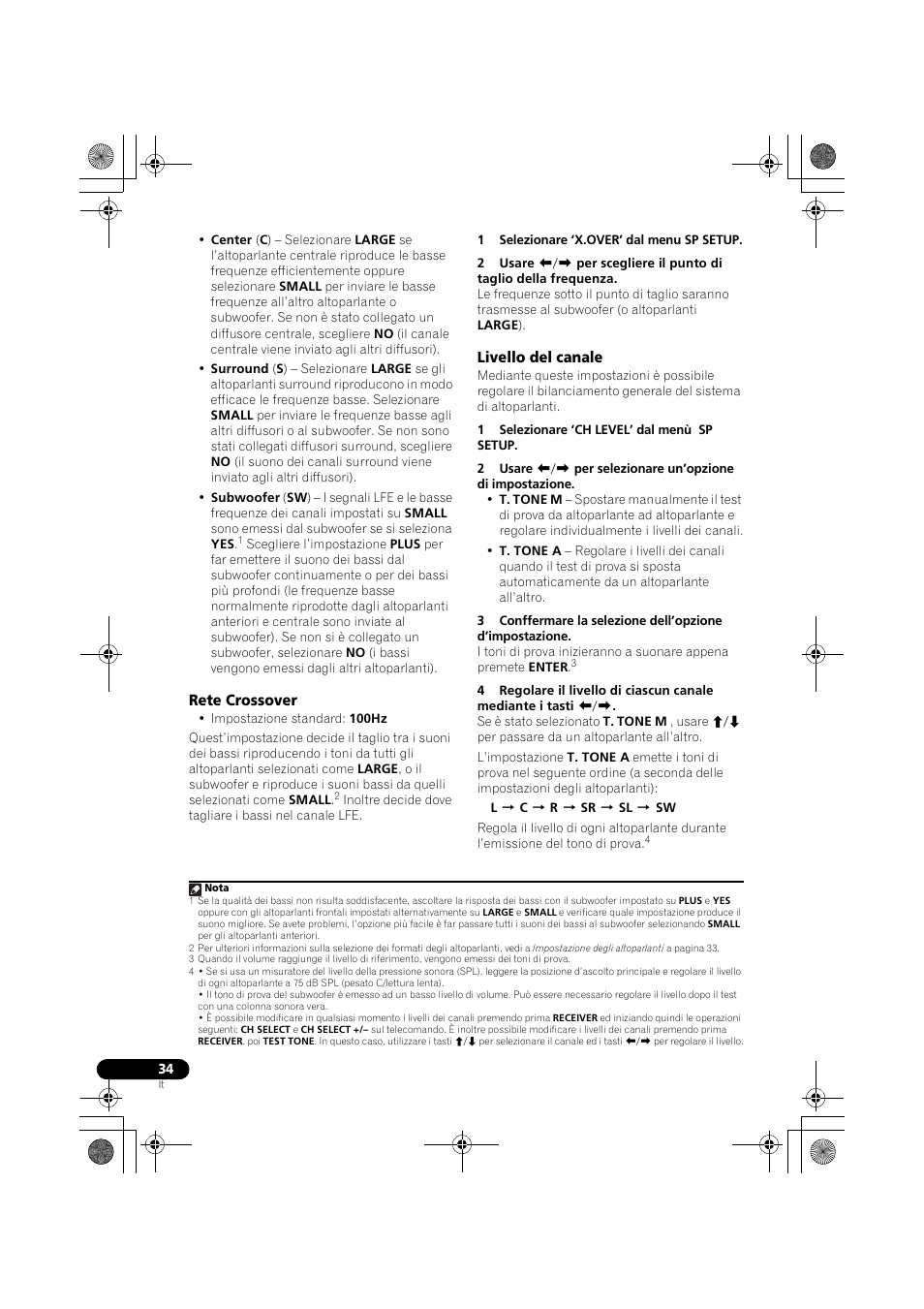 Rete crossover, Livello del canale, Rete crossover livello del canale | Pioneer VSX-519V-K User Manual | Page 34 / 188