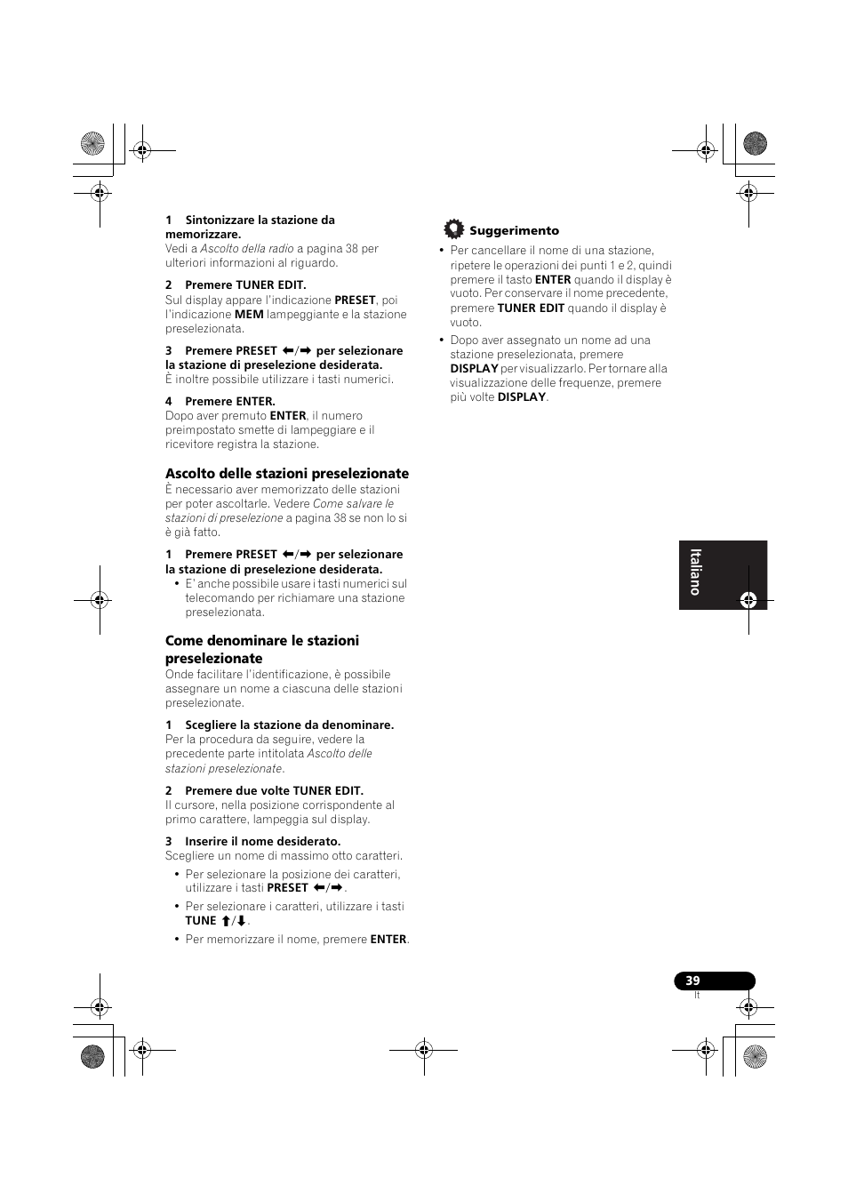 Ascolto delle stazioni preselezionate, Come denominare le stazioni preselezionate | Pioneer VSX-519V-K User Manual | Page 39 / 188