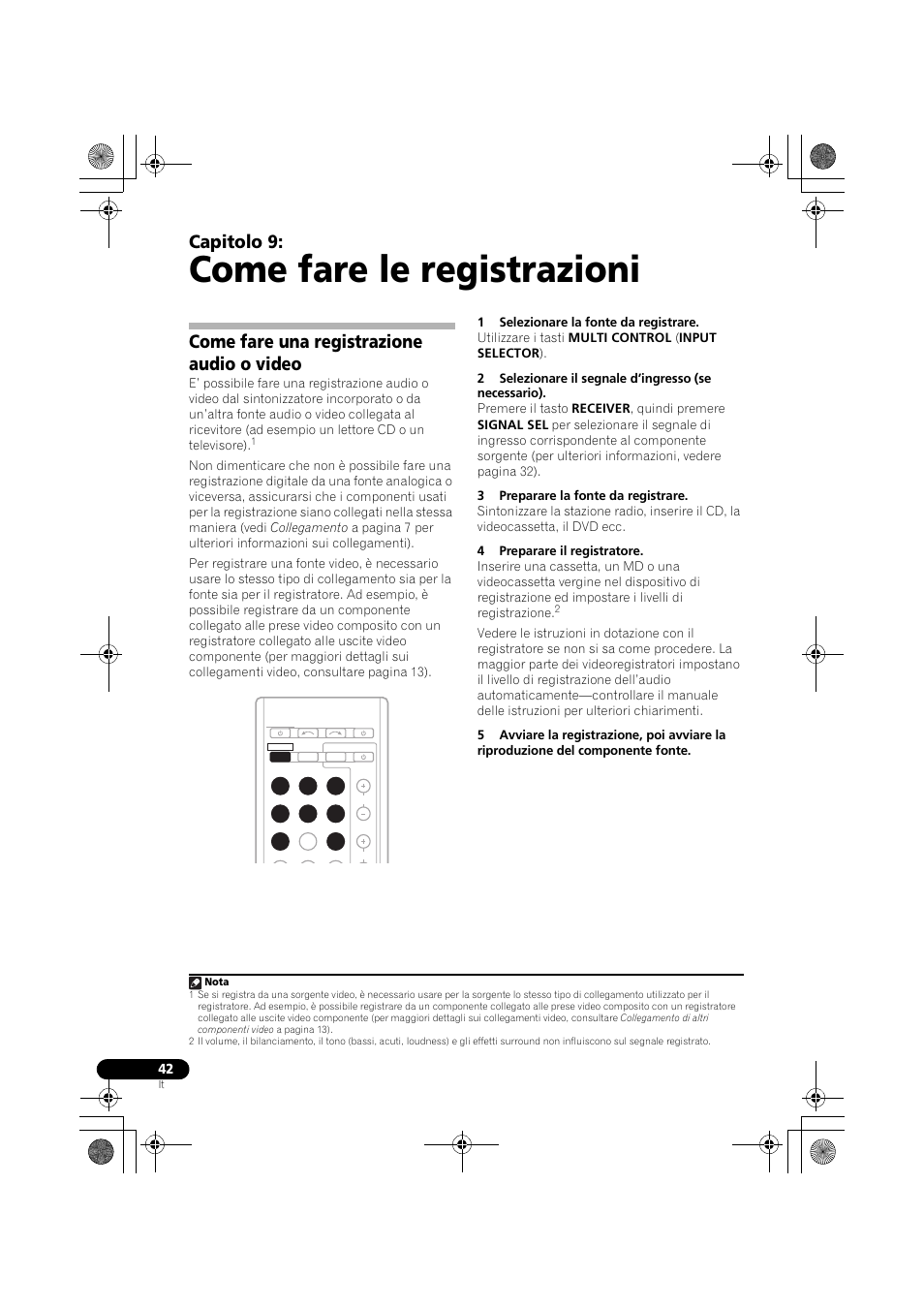 Come fare le registrazioni, Come fare una registrazione audio o video, Capitolo 9 | Pioneer VSX-519V-K User Manual | Page 42 / 188