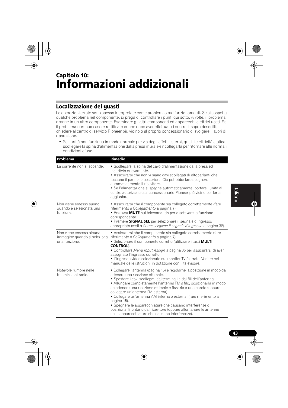 Informazioni addizionali, Localizzazione dei guasti, Capitolo 10 | Pioneer VSX-519V-K User Manual | Page 43 / 188