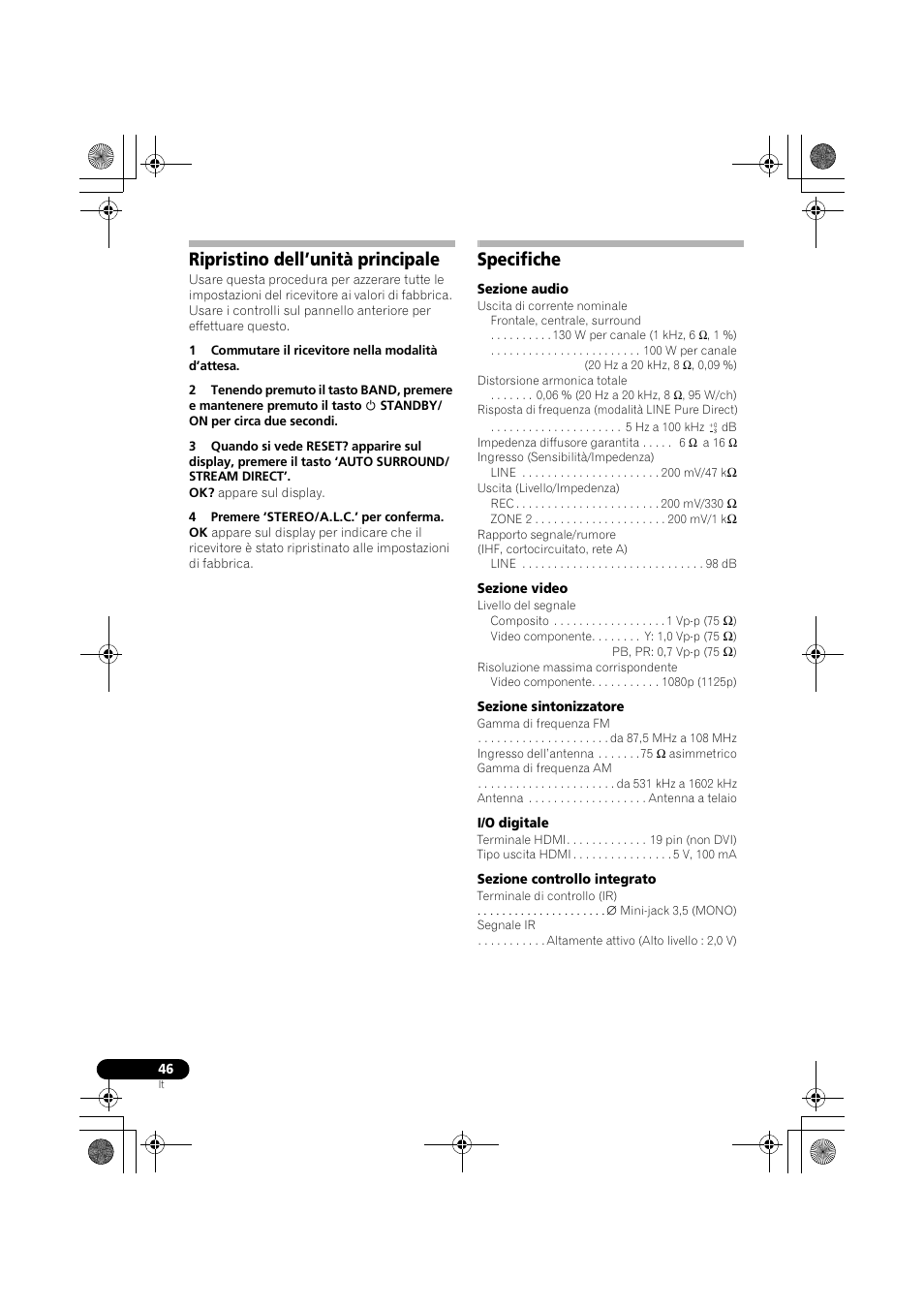 Ripristino dell’unità principale, Specifiche | Pioneer VSX-519V-K User Manual | Page 46 / 188