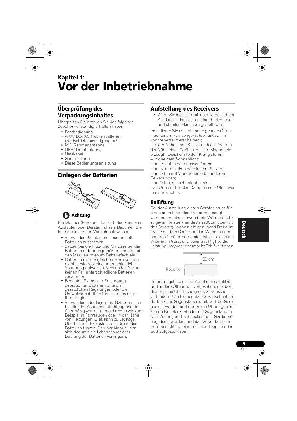 Vor der inbetriebnahme, Überprüfung des verpackungsinhaltes, Einlegen der batterien | Aufstellung des receivers, Belüftung, Kapitel 1 | Pioneer VSX-519V-K User Manual | Page 51 / 188