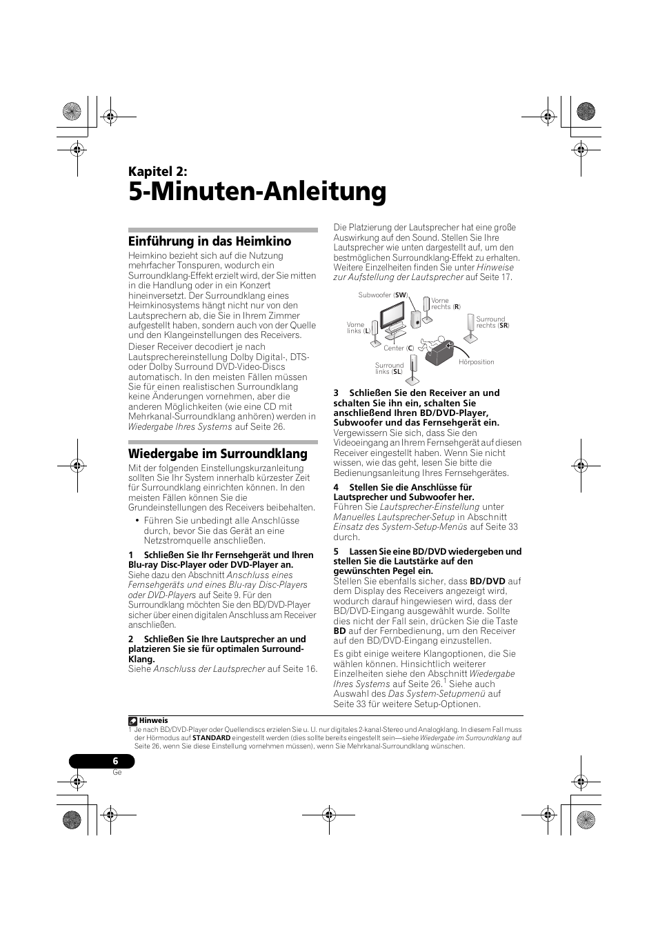 Minuten-anleitung, Einführung in das heimkino, Wiedergabe im surroundklang | Kapitel 2 | Pioneer VSX-519V-K User Manual | Page 52 / 188