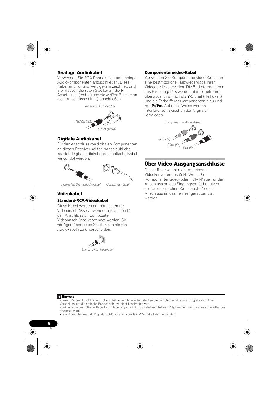 Analoge audiokabel, Digitale audiokabel, Videokabel | Über video-ausgangsanschlüsse, Analoge audiokabel digitale audiokabel videokabel | Pioneer VSX-519V-K User Manual | Page 54 / 188