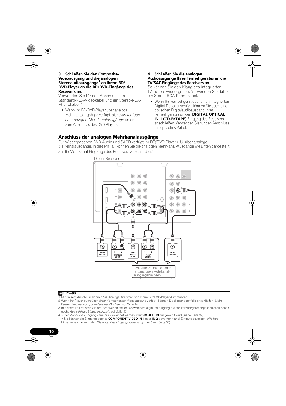 Anschluss der analogen mehrkanalausgänge, Dieser receiver, Hinweis | Multi in | Pioneer VSX-519V-K User Manual | Page 56 / 188
