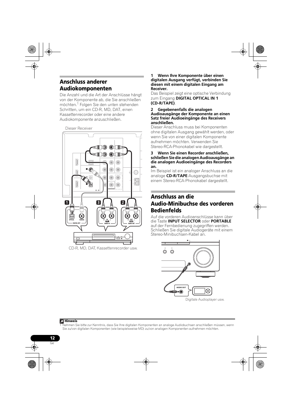 Anschluss anderer audiokomponenten, Anschluss an die audio-minibuchse des, Vorderen bedienfelds | Hinweis | Pioneer VSX-519V-K User Manual | Page 58 / 188