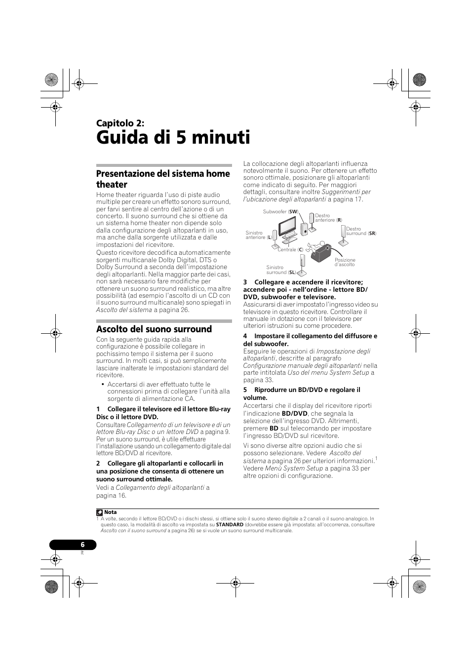 Guida di 5 minuti, Presentazione del sistema home theater, Ascolto del suono surround | Capitolo 2 | Pioneer VSX-519V-K User Manual | Page 6 / 188
