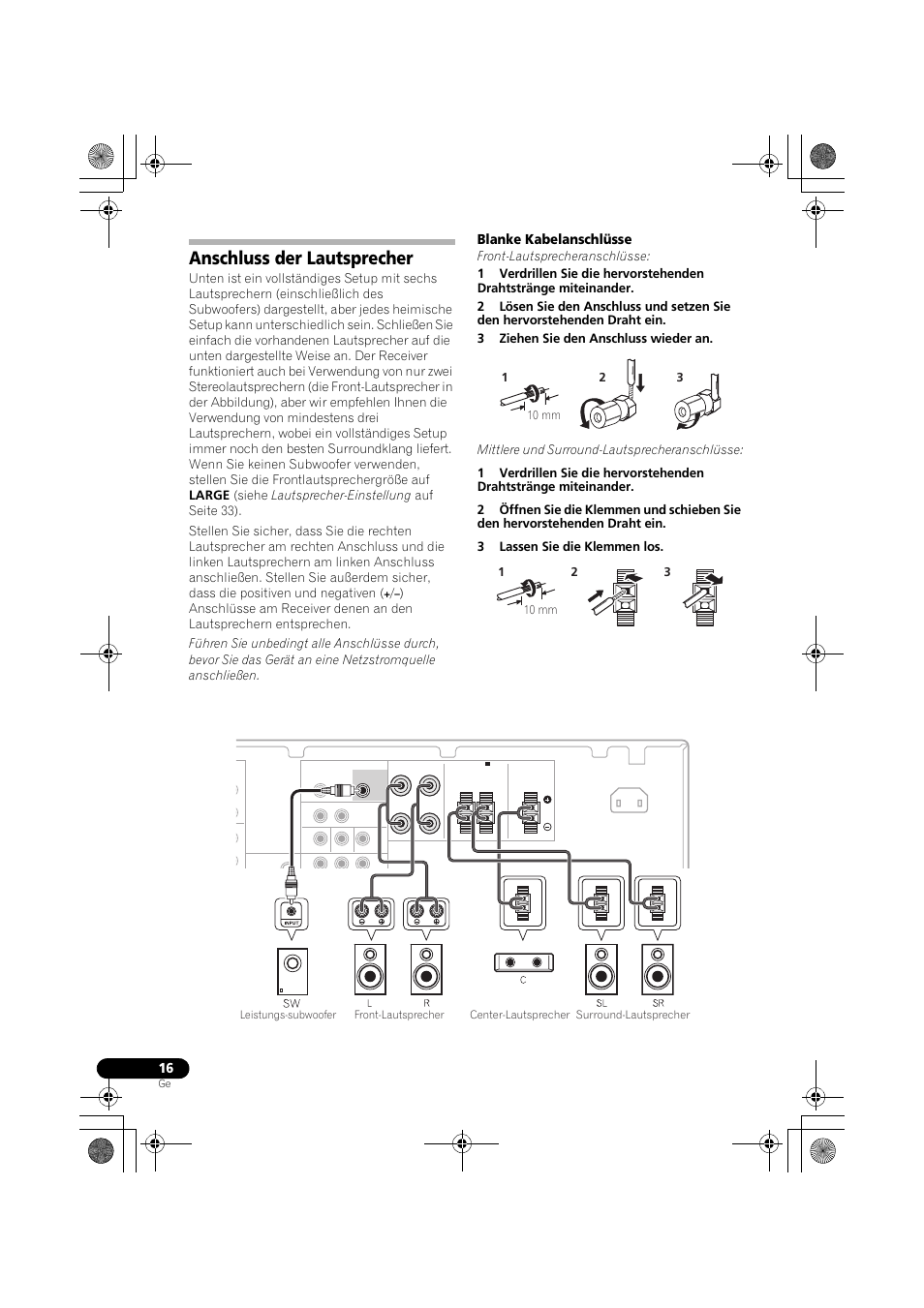 Anschluss der lautsprecher, Anschluss der lautsprecher auf seite 16, Blanke kabelanschlüsse | Pioneer VSX-519V-K User Manual | Page 62 / 188