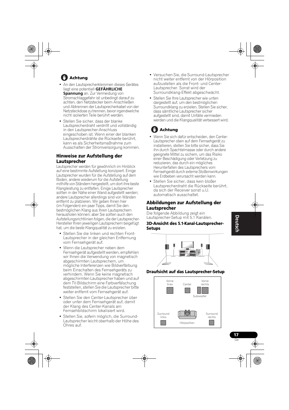 Hinweise zur aufstellung der lautsprecher, Abbildungen zur aufstellung der lautsprecher, Hinweise | Zur aufstellung der lautsprecher auf seite 17 | Pioneer VSX-519V-K User Manual | Page 63 / 188