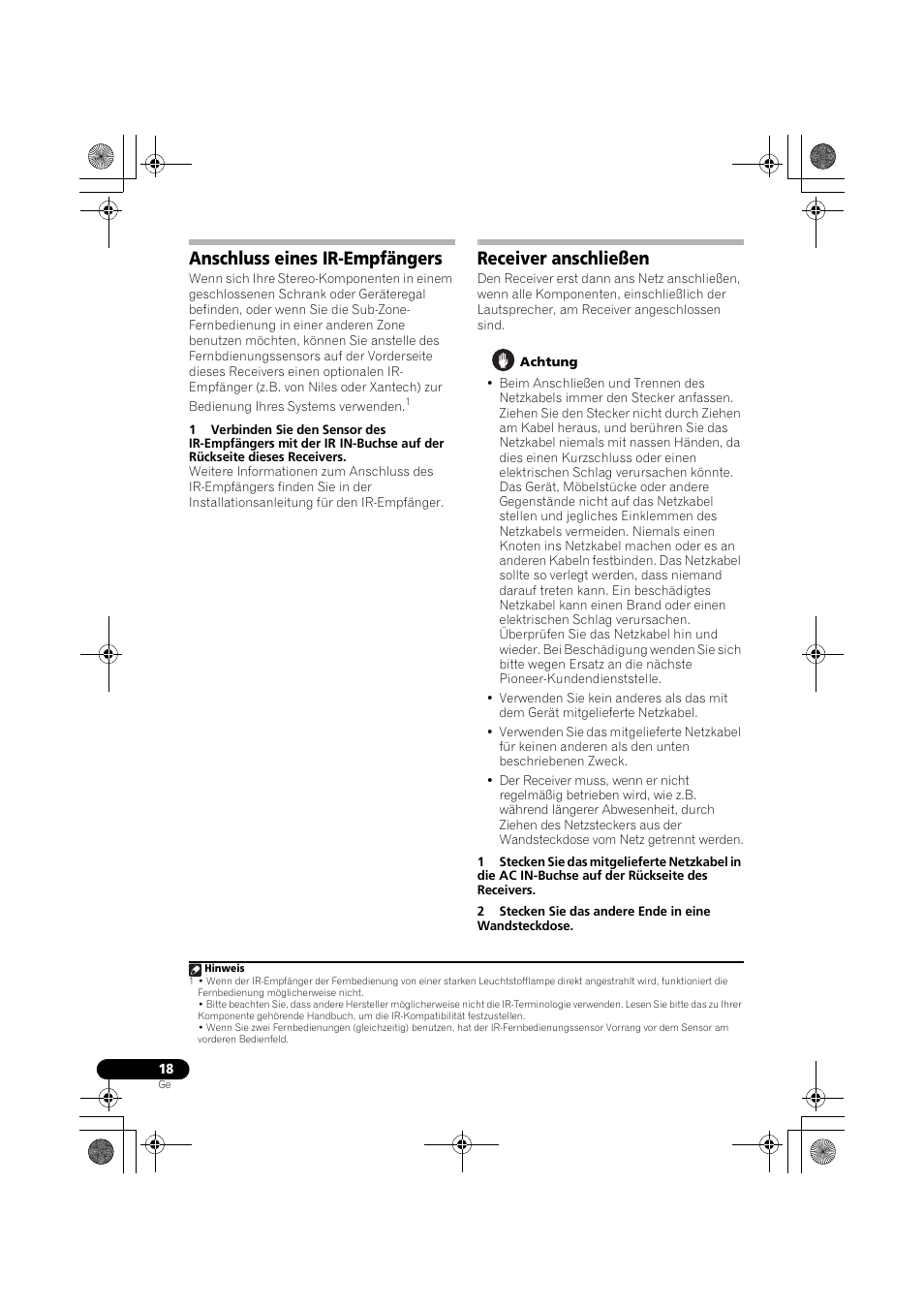 Anschluss eines ir-empfängers, Receiver anschließen | Pioneer VSX-519V-K User Manual | Page 64 / 188
