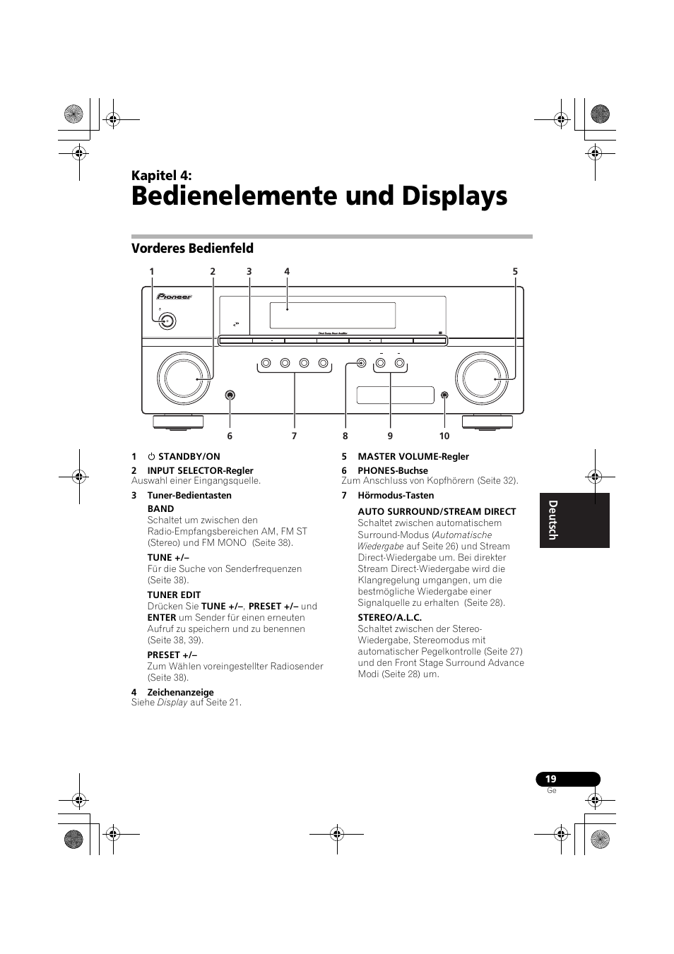 Bedienelemente und displays, Vorderes bedienfeld, Kapitel 4 | Pioneer VSX-519V-K User Manual | Page 65 / 188