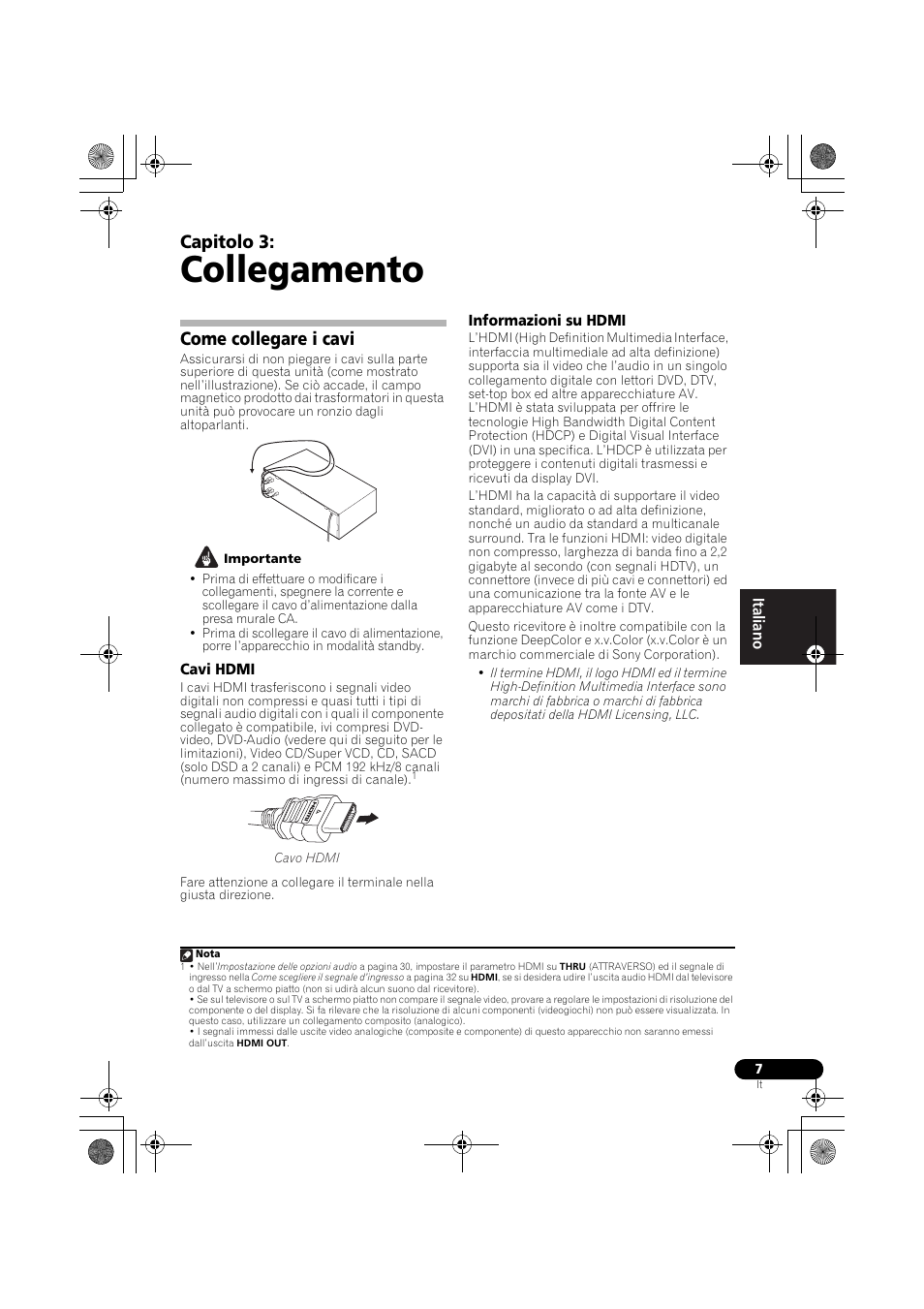 Collegamento, Come collegare i cavi, Cavi hdmi | Informazioni su hdmi, Cavi hdmi informazioni su hdmi, Capitolo 3 | Pioneer VSX-519V-K User Manual | Page 7 / 188