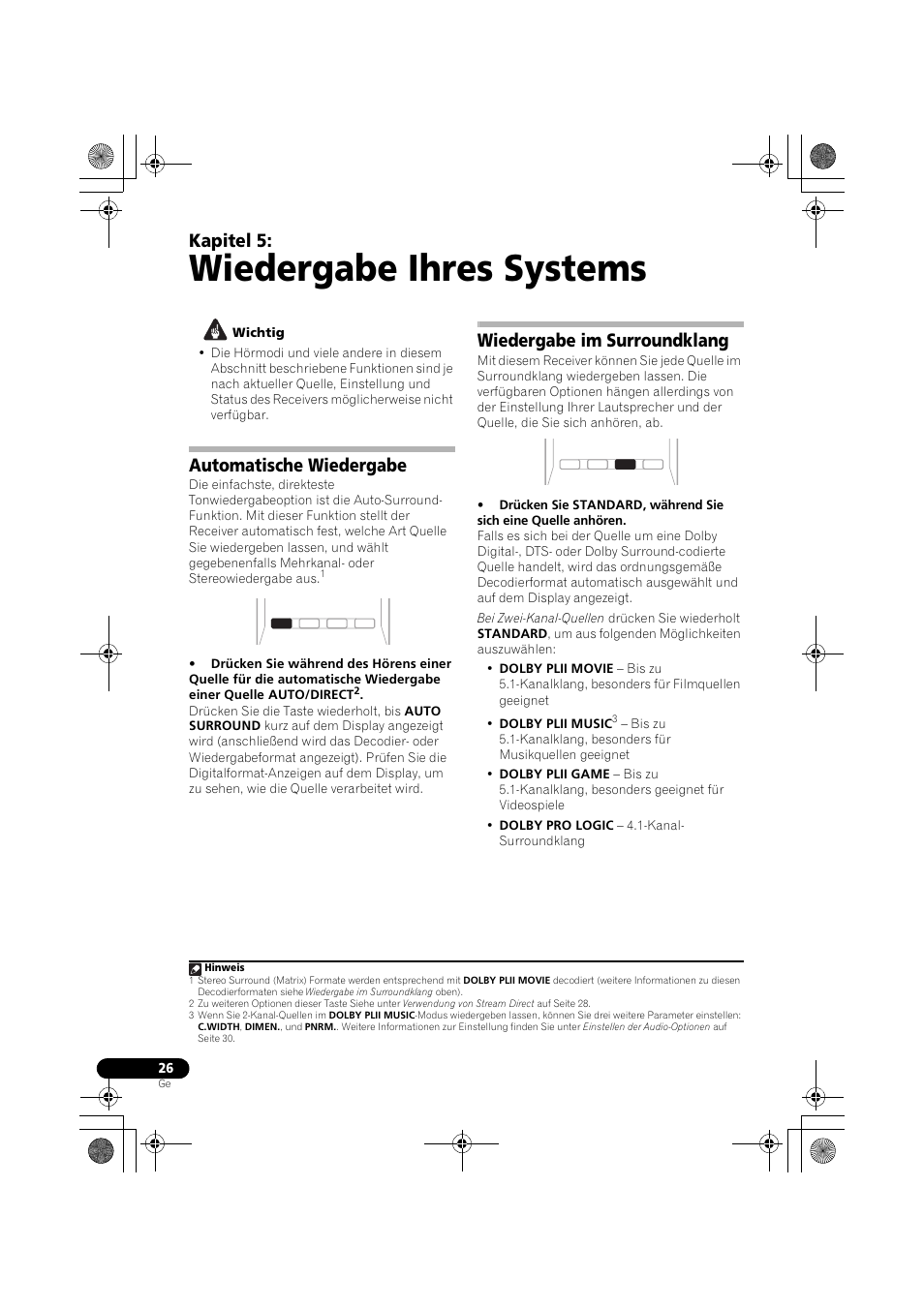 Wiedergabe ihres systems, Automatische wiedergabe, Wiedergabe im surroundklang | Wiedergabe ihres systems auf seite 26, Wiedergabe, Ihres systems auf seite 26, Wiedergabe im surroundklang auf seite 26, Us ( automatische wiedergabe auf seite 26, Seite 26), Automatische wiedergabe auf seite 26) | Pioneer VSX-519V-K User Manual | Page 72 / 188