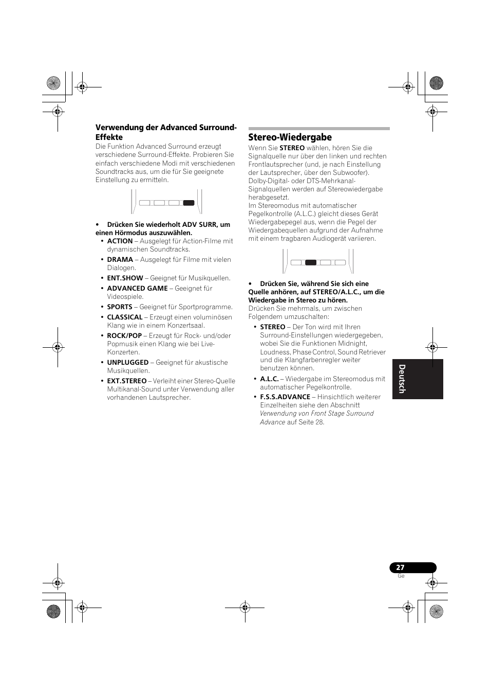 Verwendung der advanced surround- effekte, Stereo-wiedergabe, Verwendung der advanced surround-effekte | Lle (seite 27, I (seite 27), Lle (seite 27) u | Pioneer VSX-519V-K User Manual | Page 73 / 188