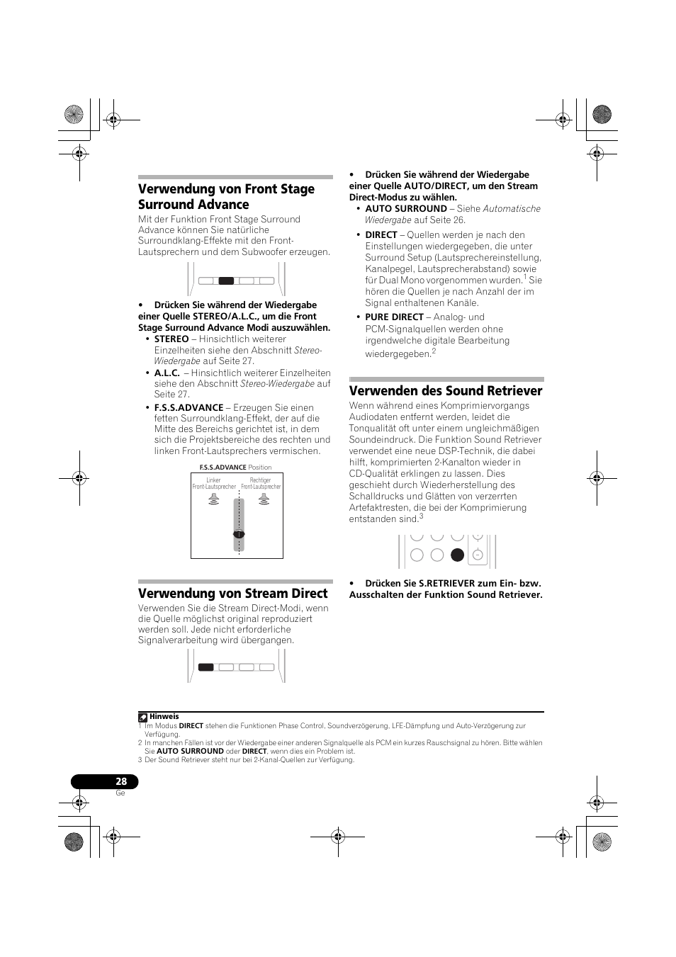 Verwendung von front stage surround advance, Verwendung von stream direct, Verwenden des sound retriever | Verwendung von front stage surround, Advance, Seite 28), Seite 28, Seite 28) u | Pioneer VSX-519V-K User Manual | Page 74 / 188