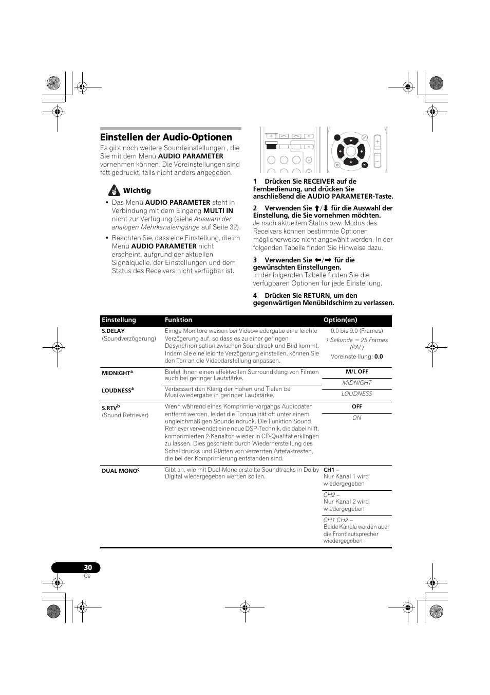 Einstellen der audio-optionen, Seite 30) ein, Seite 30) | Pioneer VSX-519V-K User Manual | Page 76 / 188