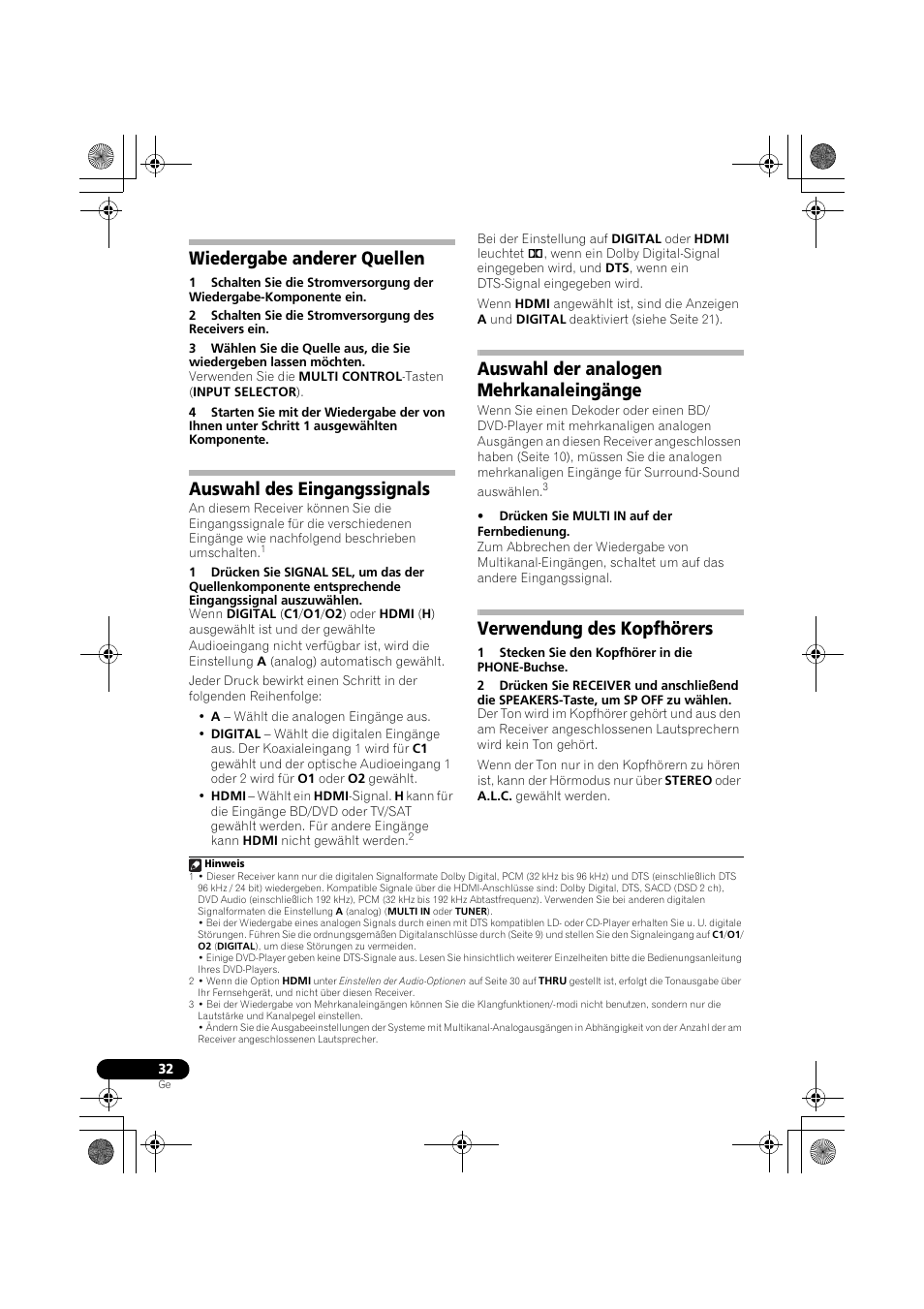 Wiedergabe anderer quellen, Auswahl des eingangssignals, Auswahl der analogen mehrkanaleingänge | Verwendung des kopfhörers, Auswahl der analogen, Mehrkanaleingänge, Auswahl des eingangssignals auf seite 32), Seite 32, Seite 32), T (seite 32) | Pioneer VSX-519V-K User Manual | Page 78 / 188