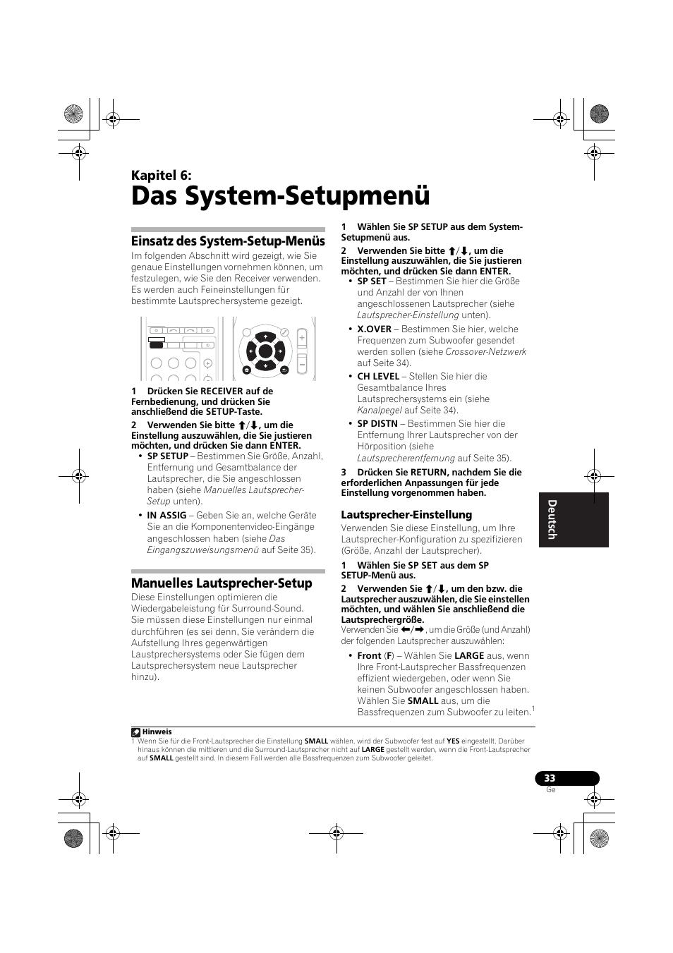 Das system-setupmenü, Einsatz des system-setup-menüs, Manuelles lautsprecher-setup | Lautsprecher-einstellung, Sie lautsprecher-einstellung un, Manuelles lautsprecher-setup in, Einsatz des system-setup-menüs auf seite 33, Das system-setupmenü auf, Seite 33 fü, G (seite 33) o | Pioneer VSX-519V-K User Manual | Page 79 / 188