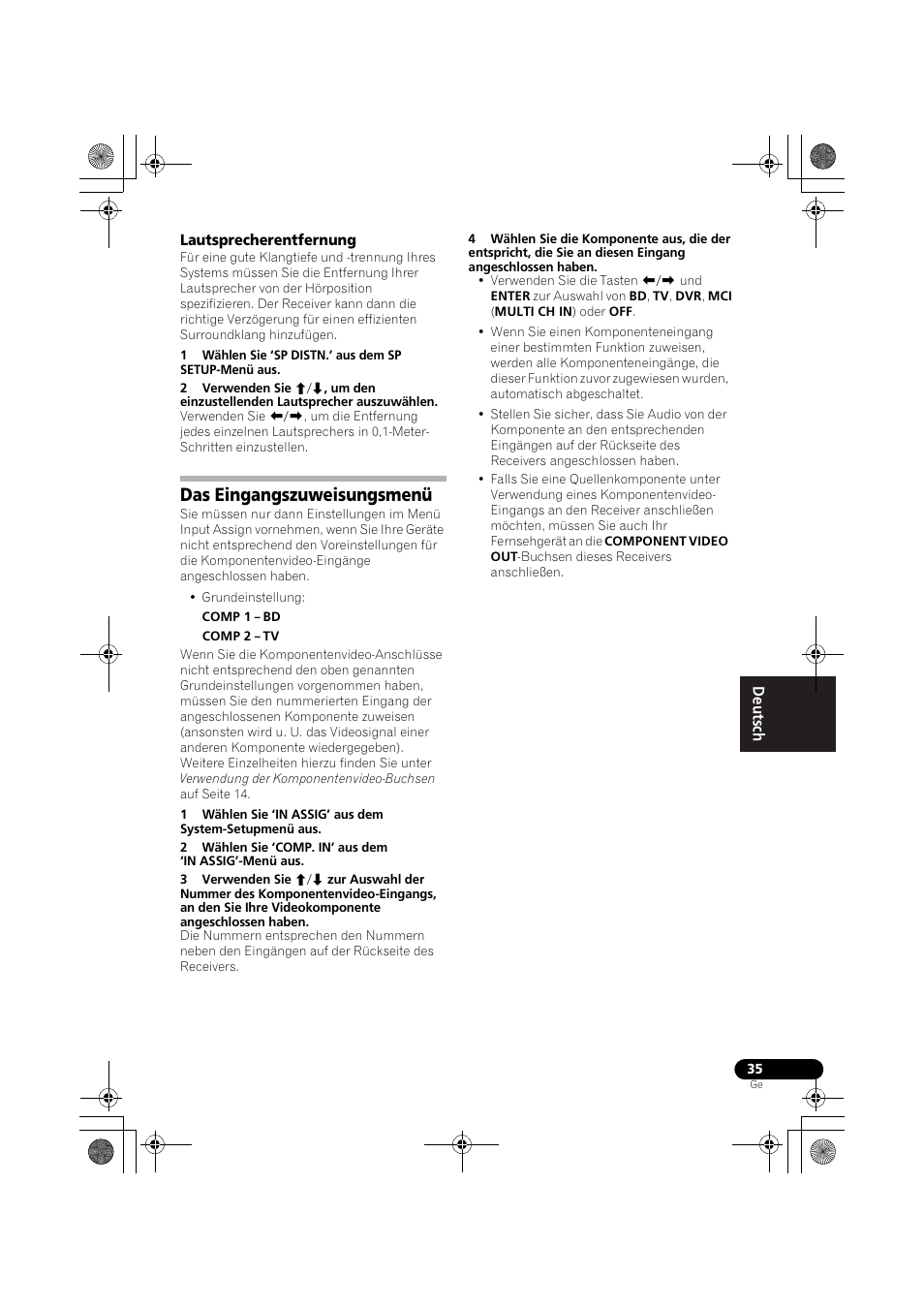 Lautsprecherentfernung, Das eingangszuweisungsmenü, Das eingangszuweisungsmenü auf seite 35) | Pioneer VSX-519V-K User Manual | Page 81 / 188