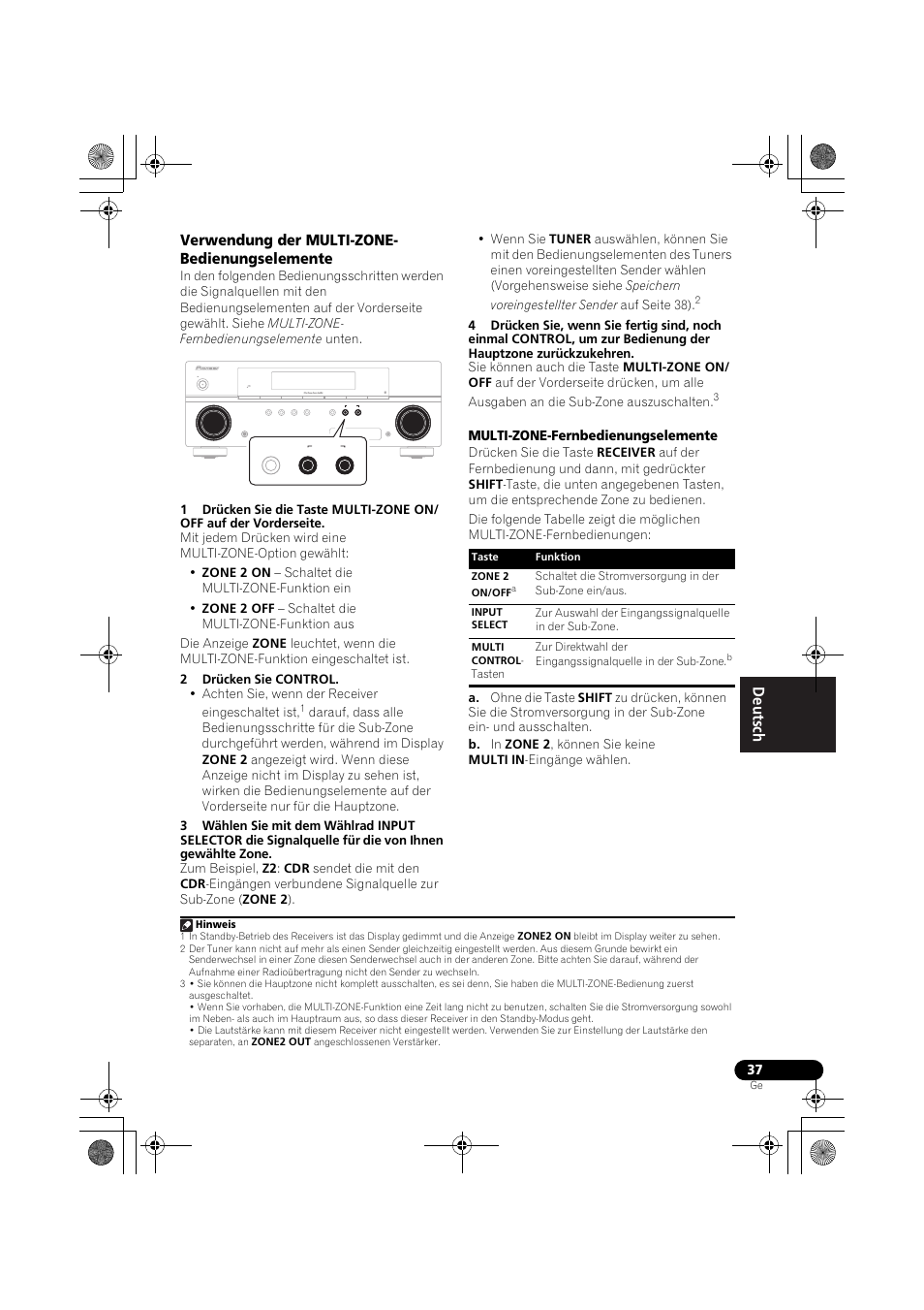 Verwendung der multi-zone- bedienungselemente, Verwendung der multi-zone-bedienungselemente, F seite 37) | Pioneer VSX-519V-K User Manual | Page 83 / 188