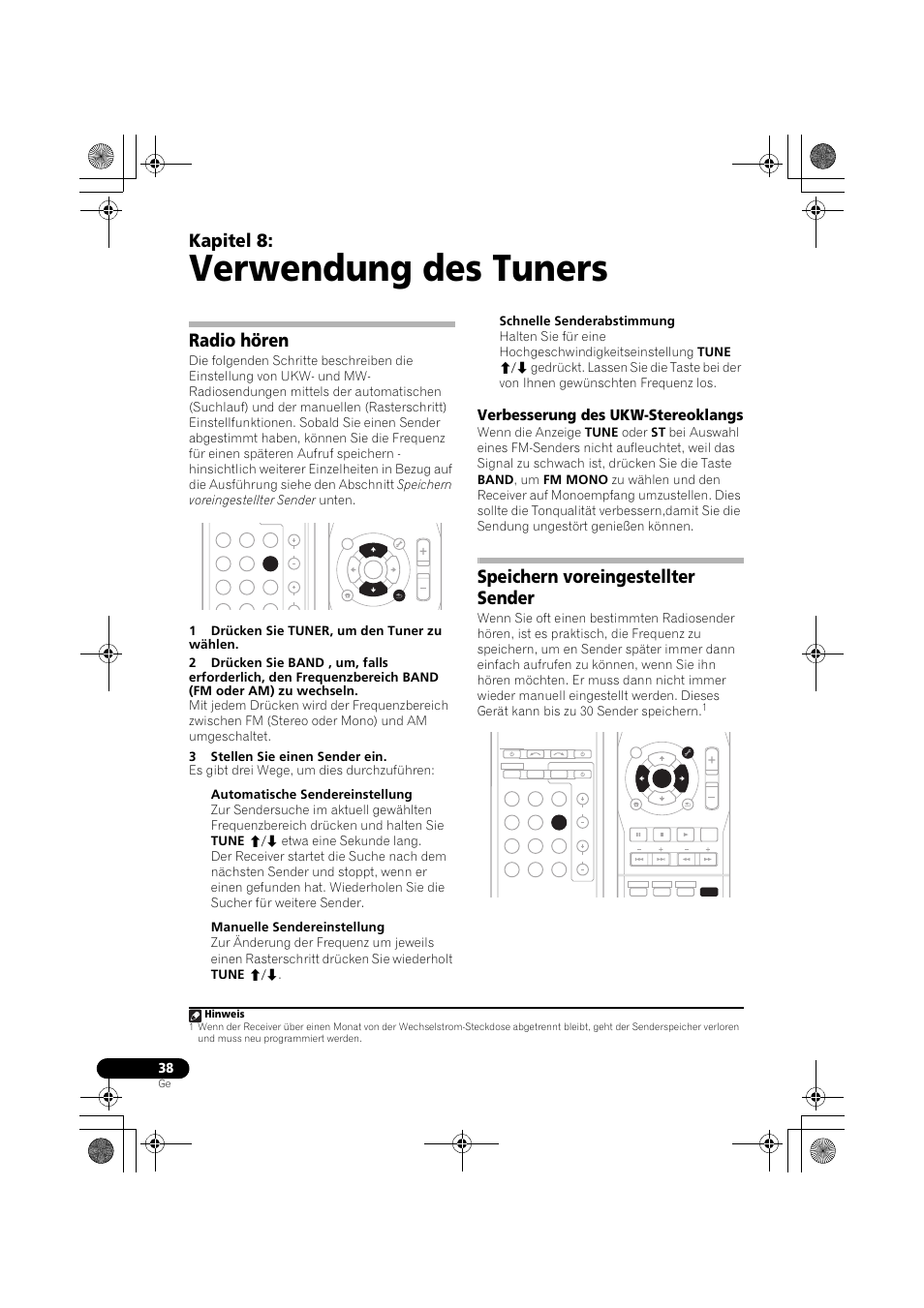 Verwendung des tuners, Radio hören, Verbesserung des ukw-stereoklangs | Speichern voreingestellter sender, Seite 38), Seite 38, 39), Seite 38, No (seite 38), Kapitel 8, Hinweis | Pioneer VSX-519V-K User Manual | Page 84 / 188