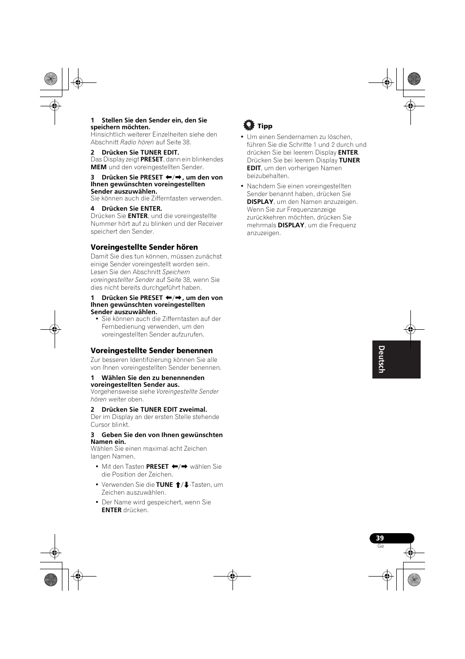 Voreingestellte sender hören, Voreingestellte sender benennen, Seite 39) | Pioneer VSX-519V-K User Manual | Page 85 / 188