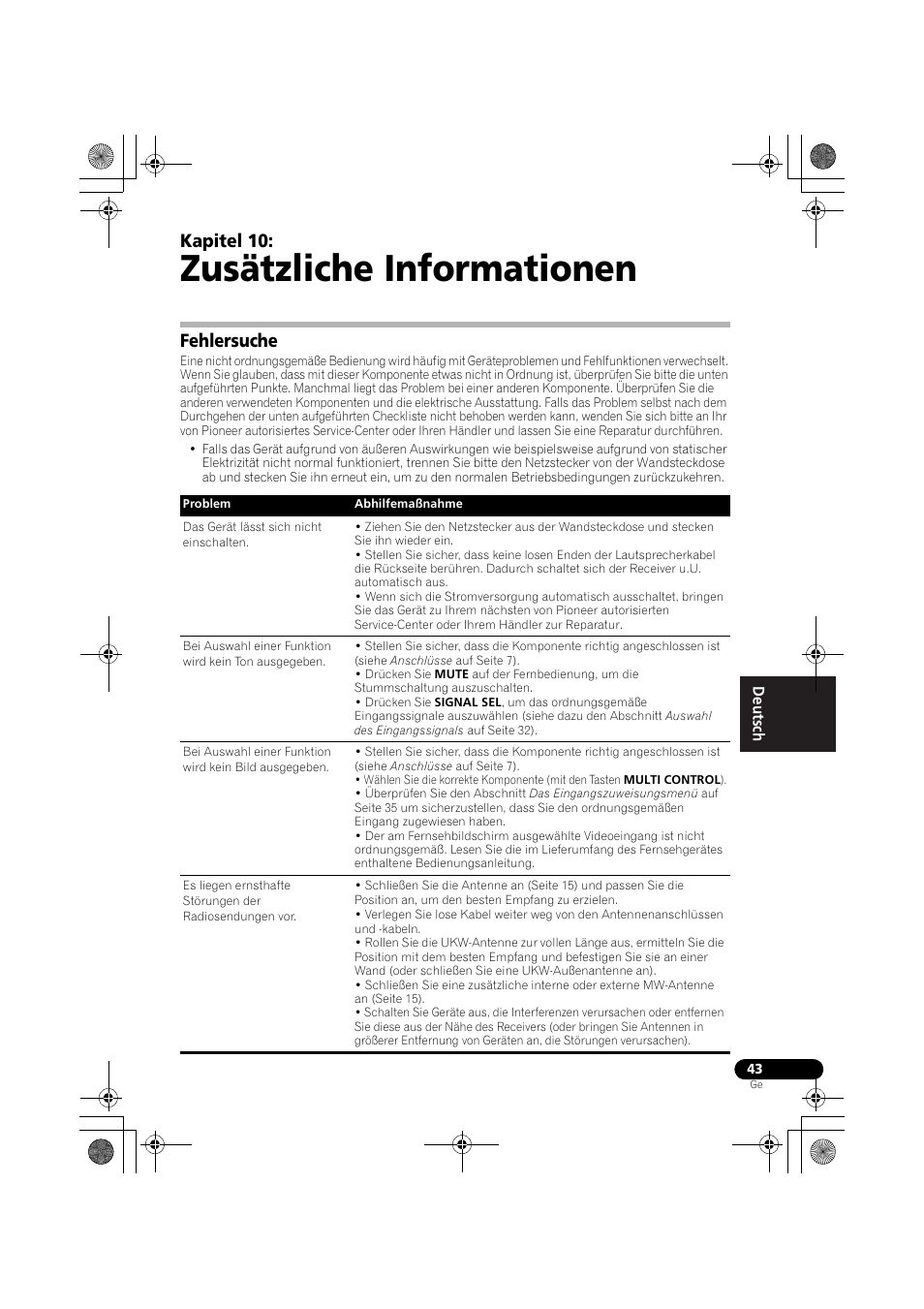 Zusätzliche informationen, Fehlersuche, Kapitel 10 | Pioneer VSX-519V-K User Manual | Page 89 / 188